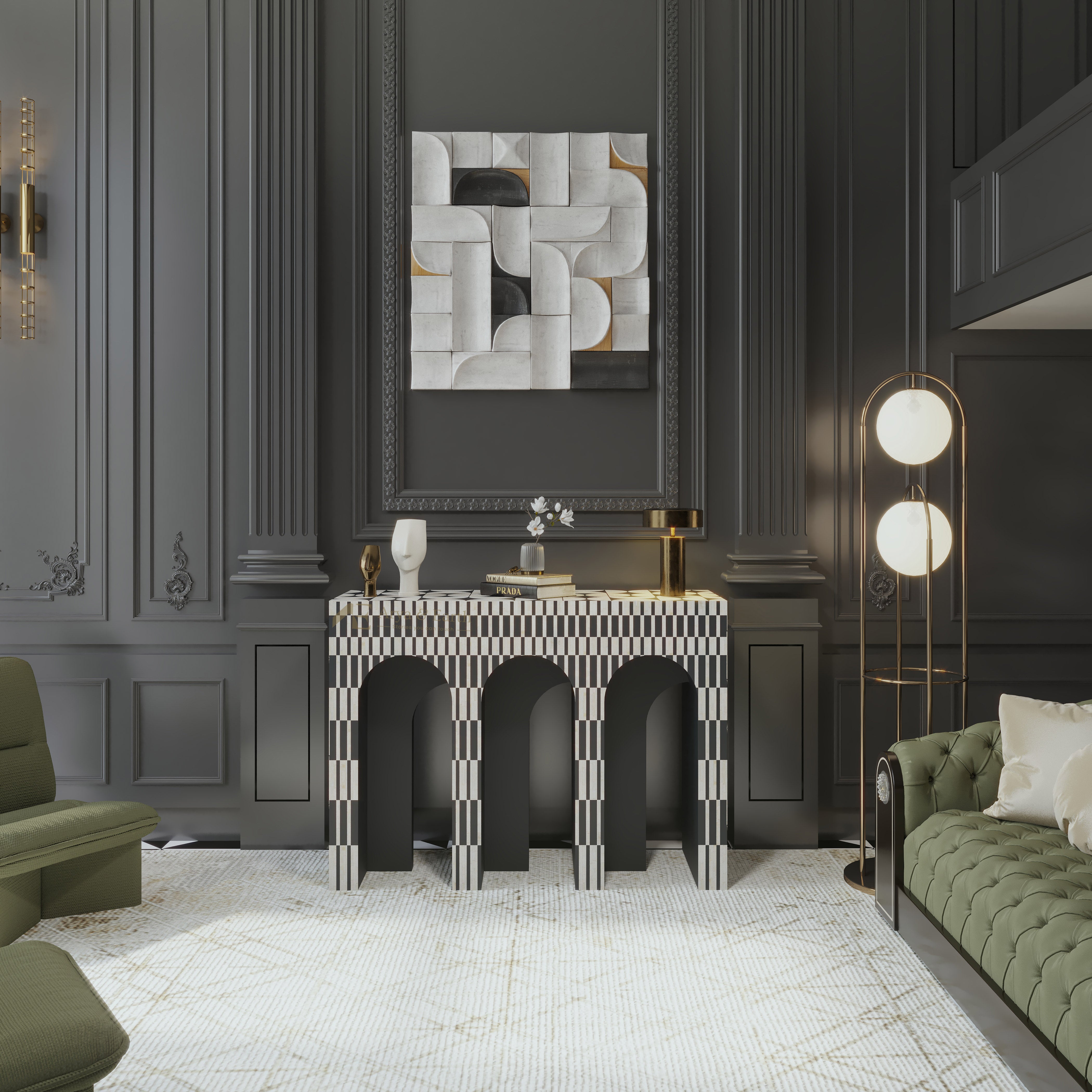 art deco style Modern living room with dark walls, an arched console table, and decorative elements.