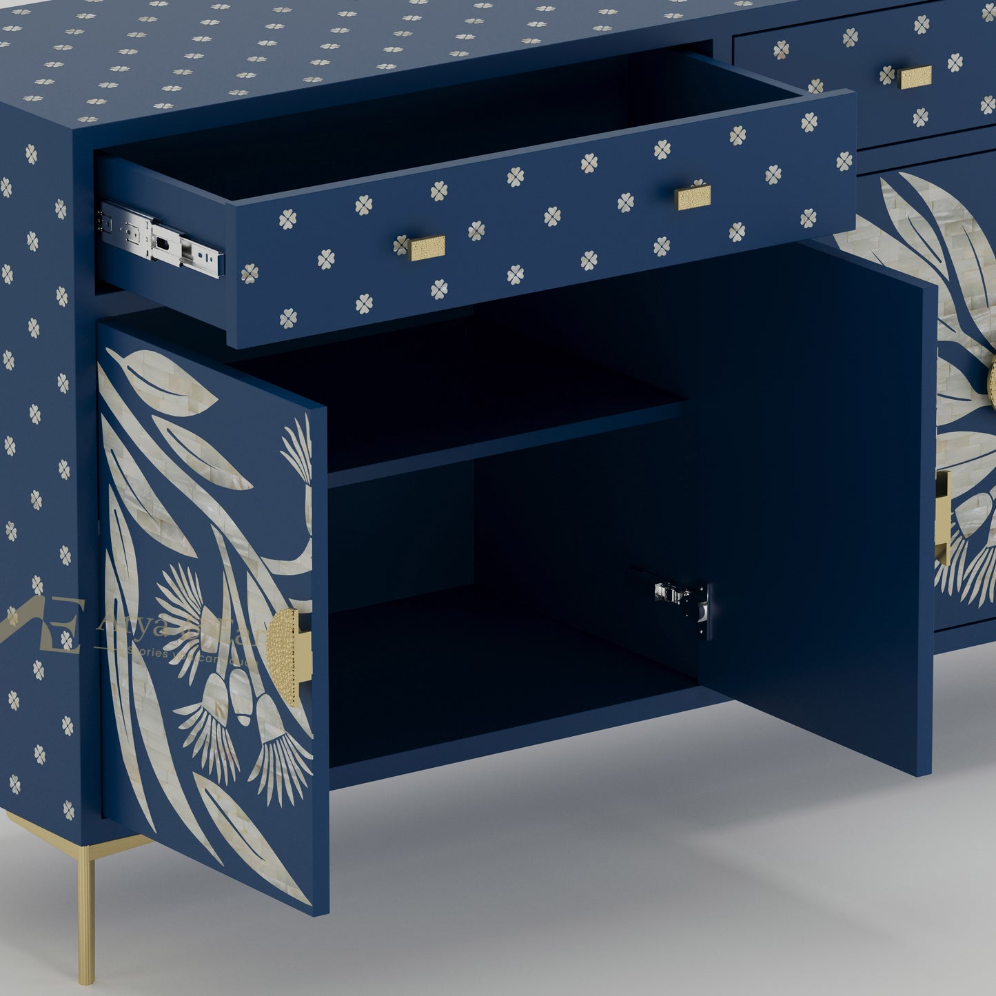 Blue cabinet with floral design and open drawer and shelves