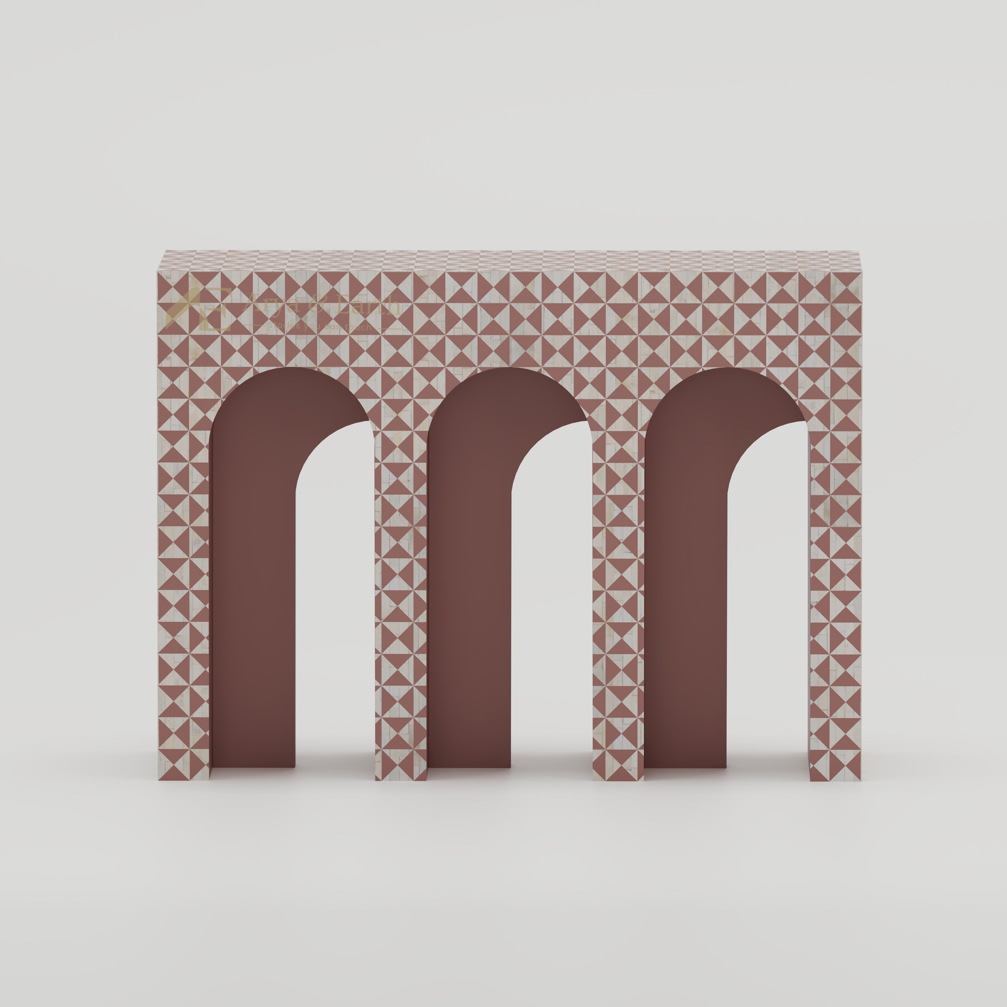 Bone Inlay arched console table with terracotta and white art deco style geometric pattern