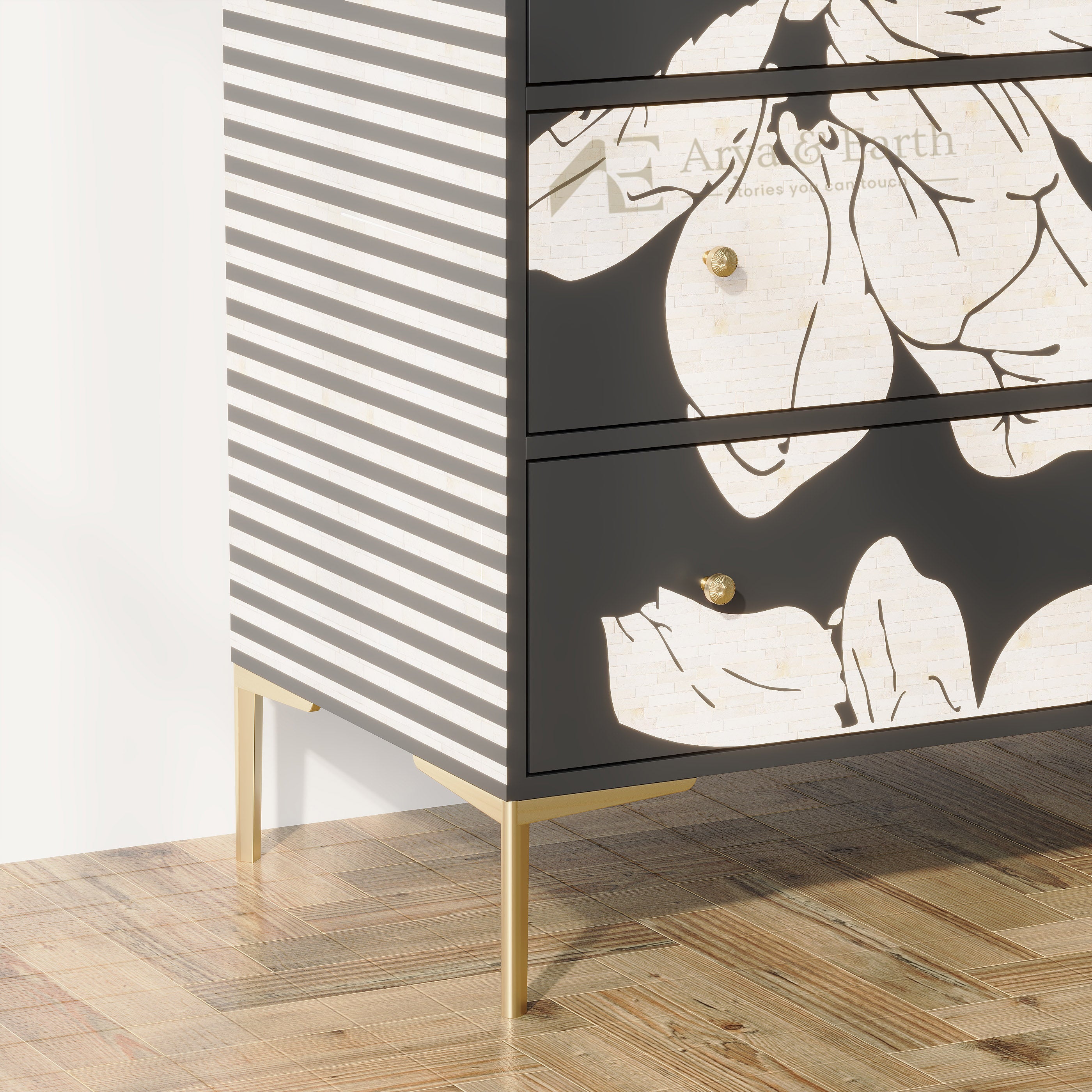 Close up of Black Floral Bone Inlay Chest of Drawers 