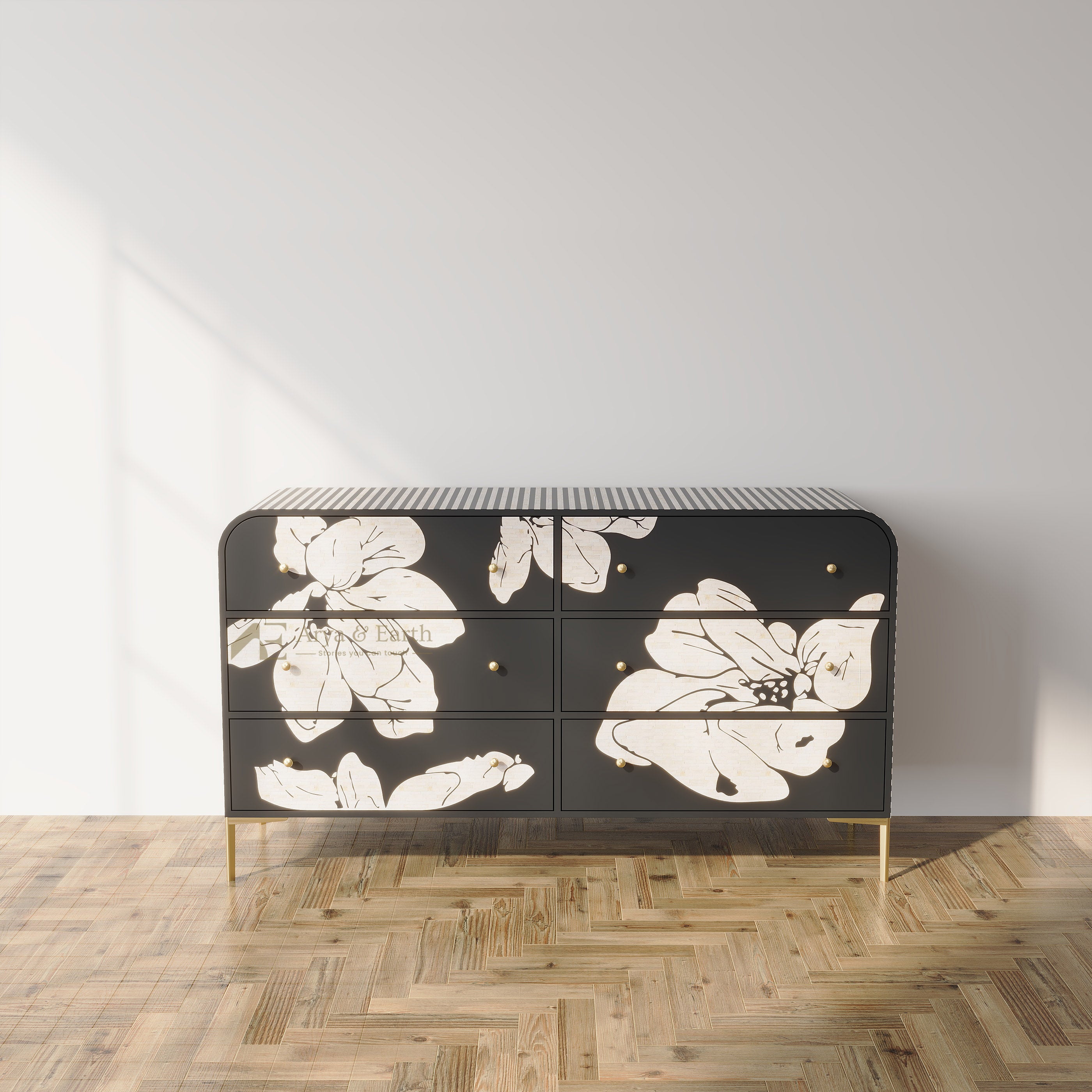Black Floral Bone Inlay Chest of Drawers 