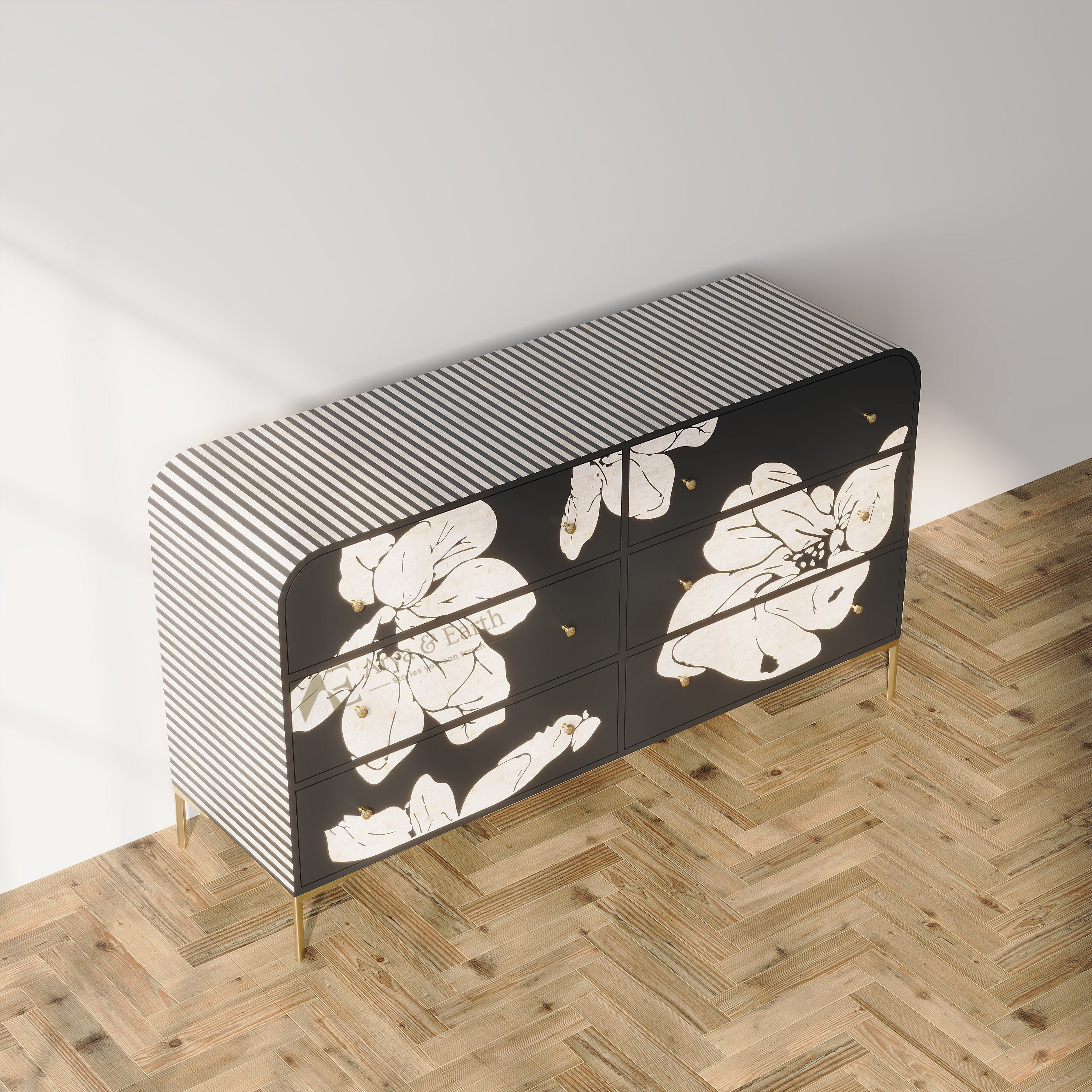 Top View of Black Floral Bone Inlay Chest of Drawers 