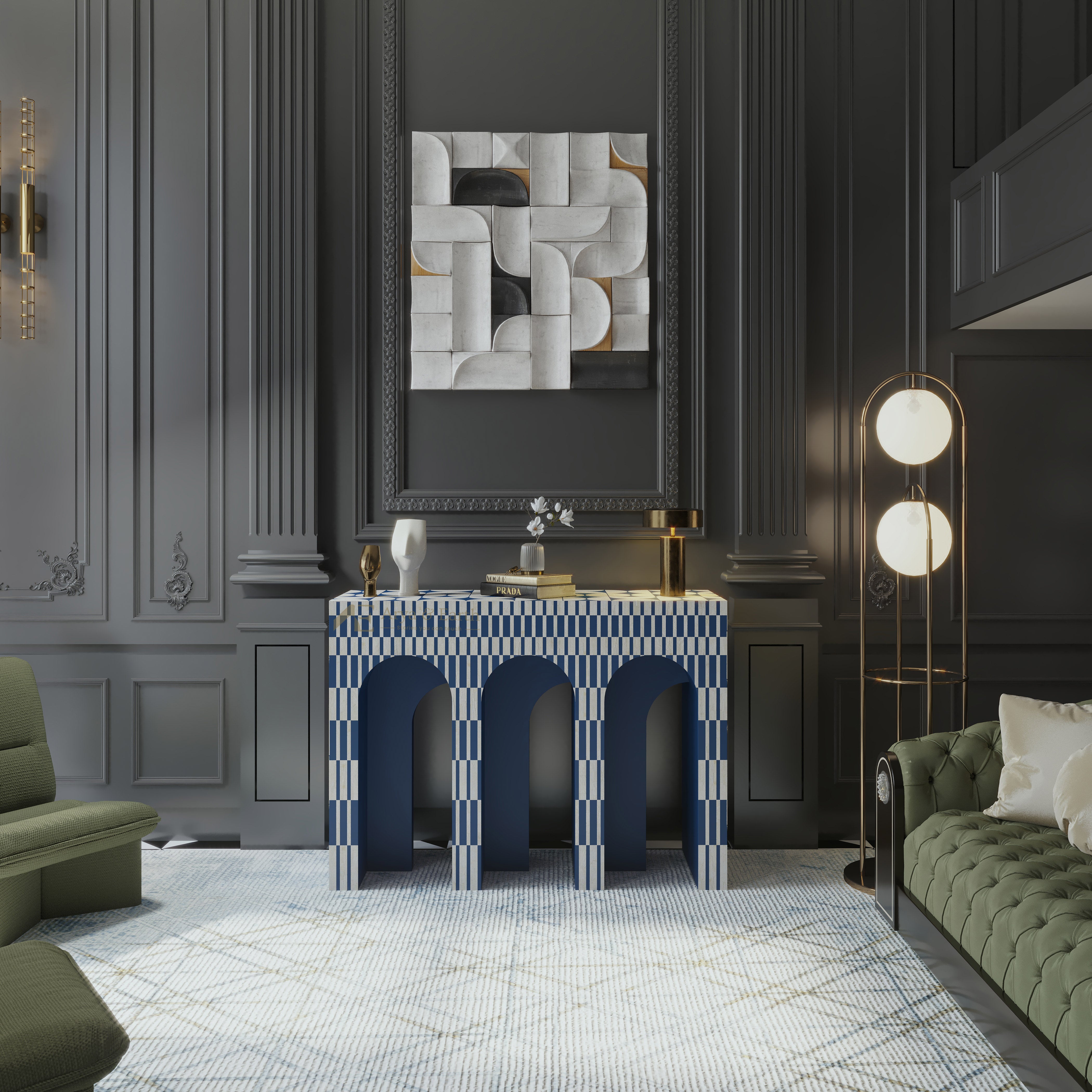 A styled interior room featuring a console table with a bold blue and white striped pattern and arched legs, set against dark gray paneled walls with a framed abstract artwork above.