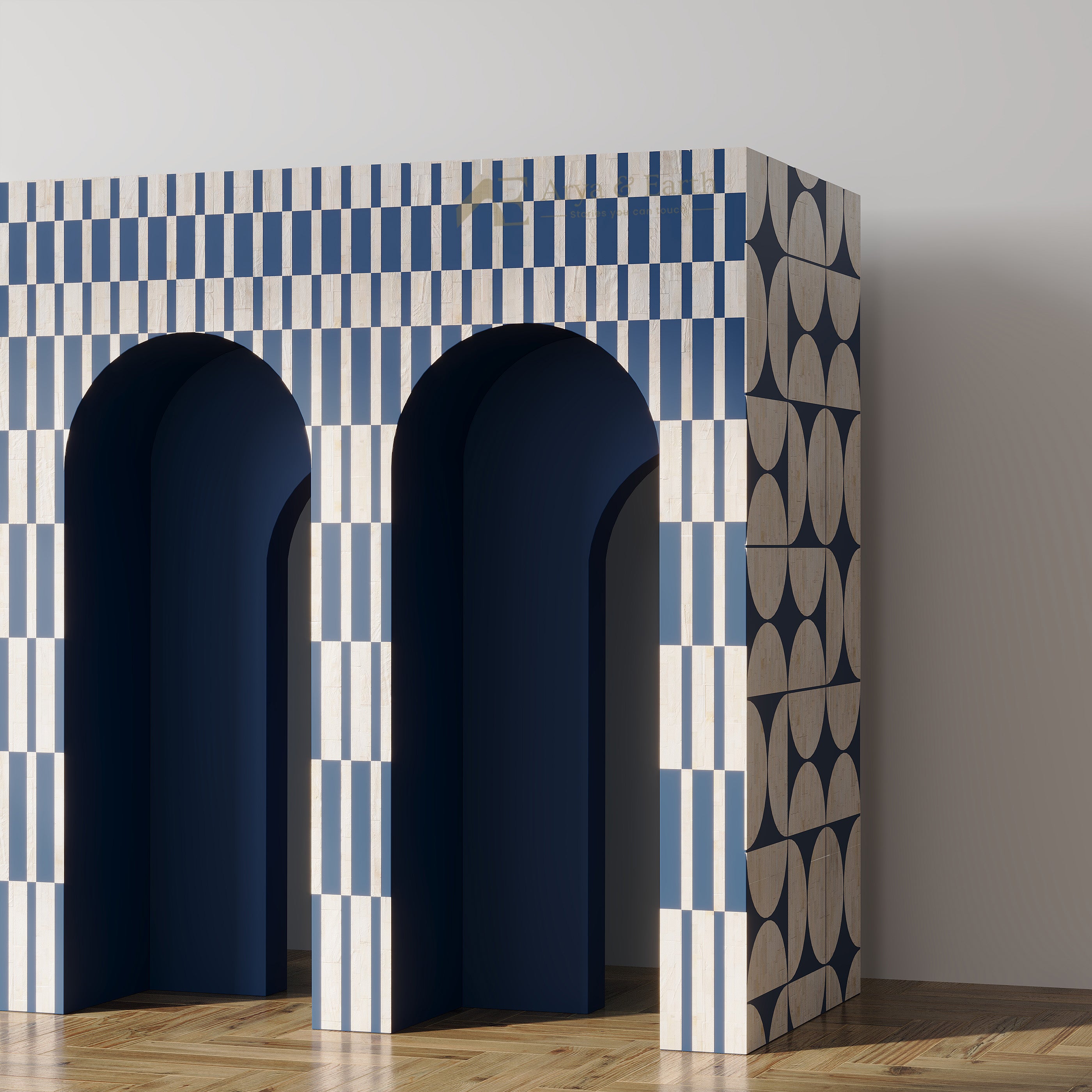 A modern geometric console table or sideboard with two arched openings, featuring a blue and white striped checkerboard pattern on the front and side panels, set against a minimalist gray wall and light wood floor.