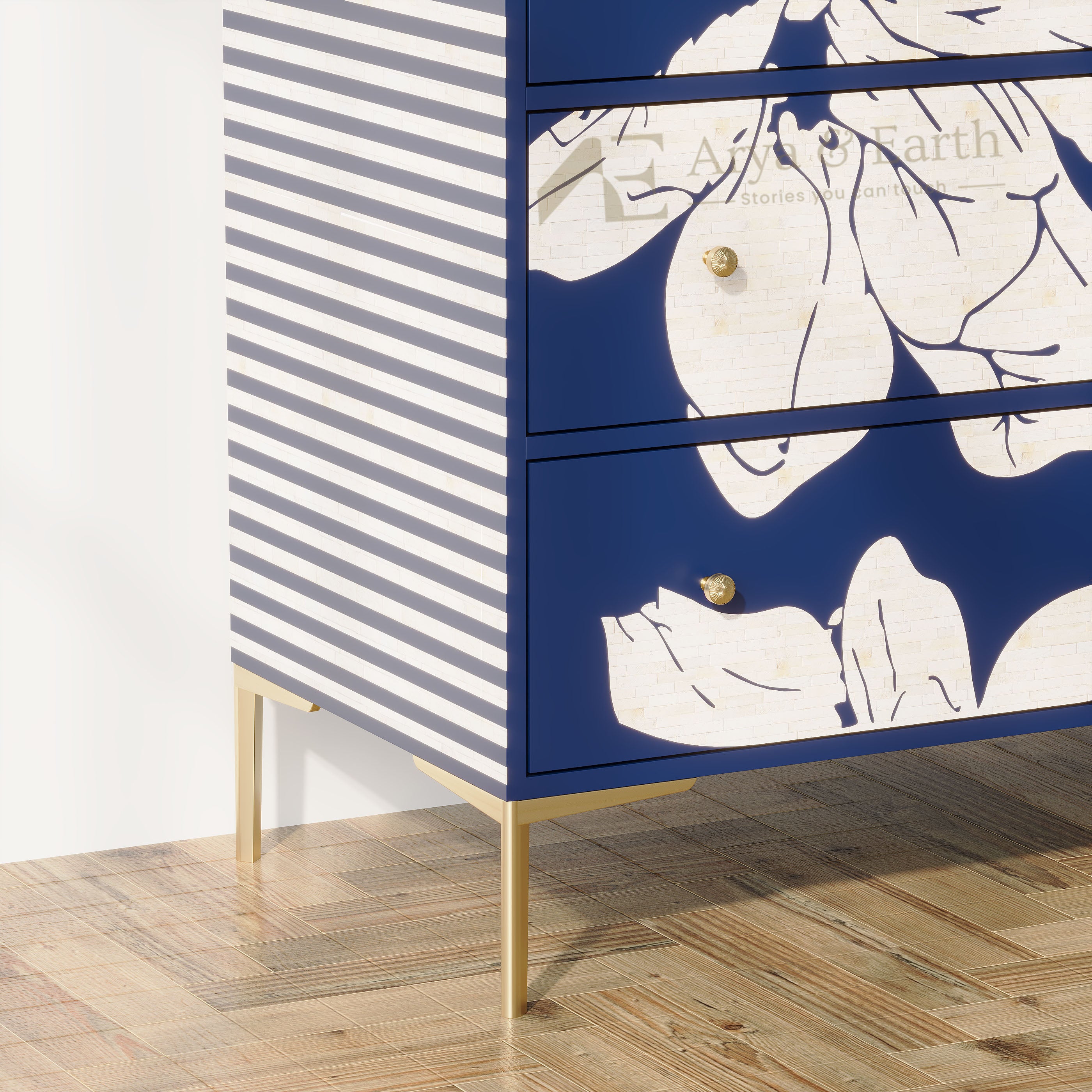 Close up of Blue Bone inlay Floral Chest of Drawers