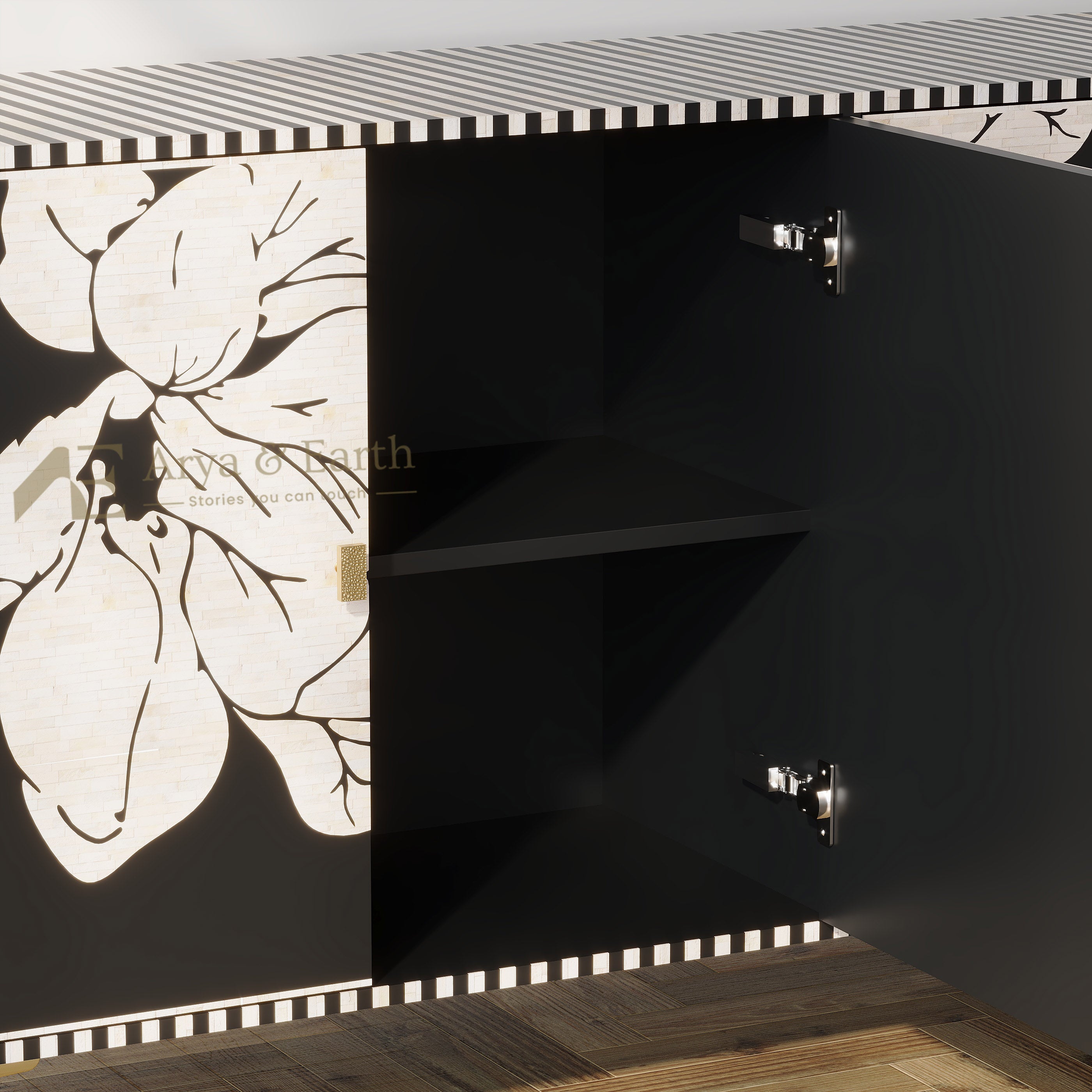 Black wooden cabinet with a black-and-white striped top and door border, one door open to reveal an empty interior shelf, and a large white floral print on the other door.