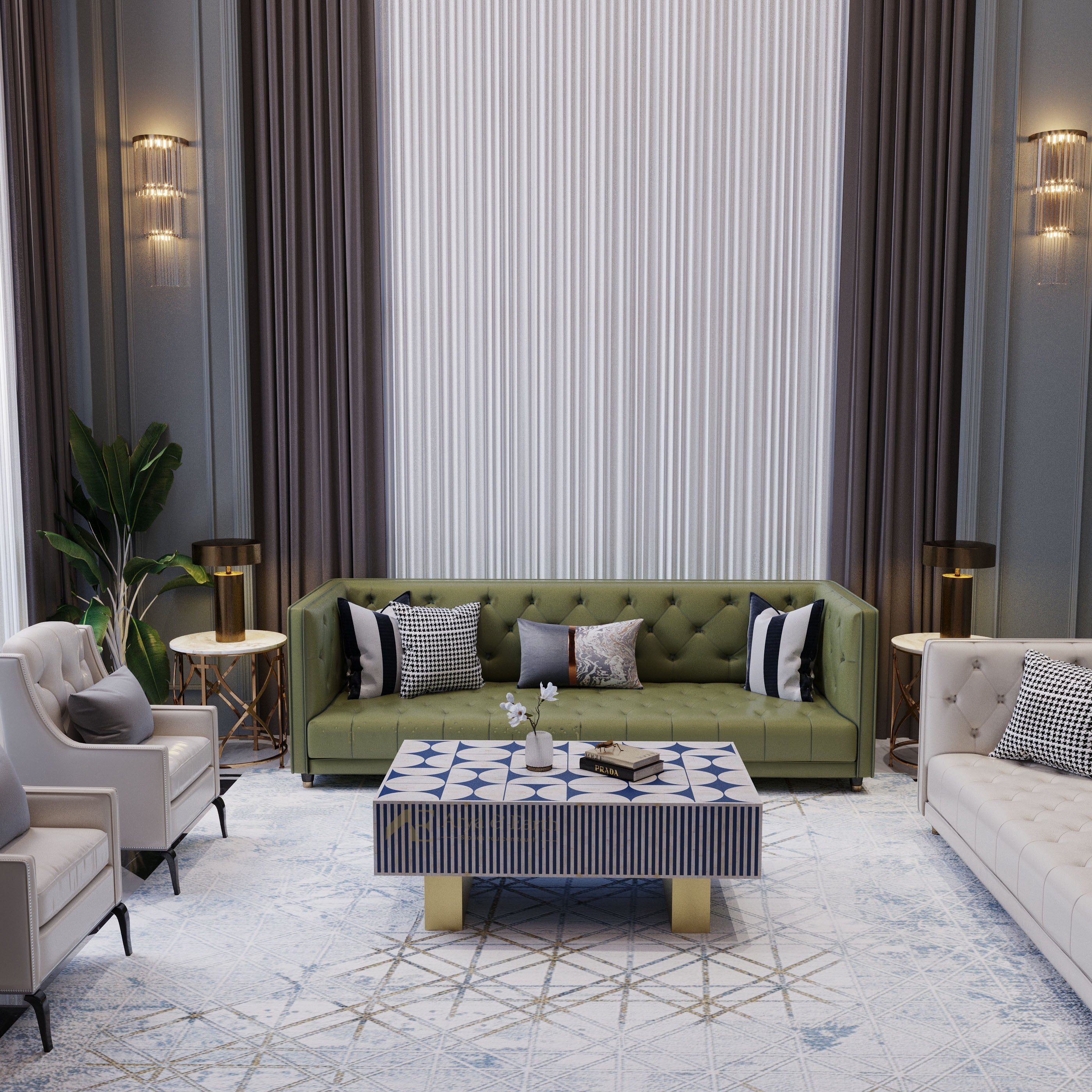 A modern living room featuring a green tufted sofa as the central furniture piece, styled with striped and patterned accent pillows. The room has gray walls, dark brown drapes, a blue and white patterned coffee table, and a light blue patterned rug.