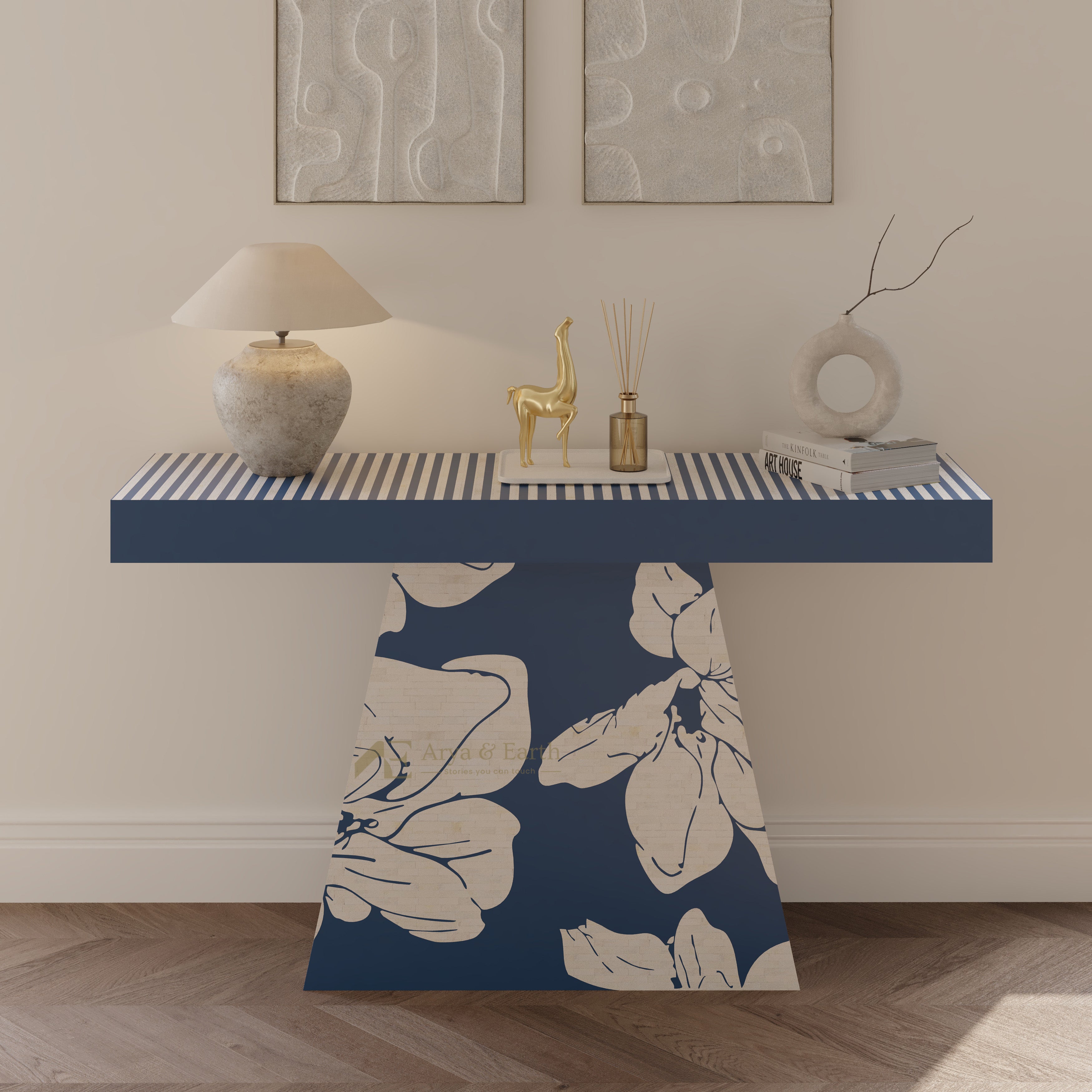 Bone inlay Blue Console Table with Floral design