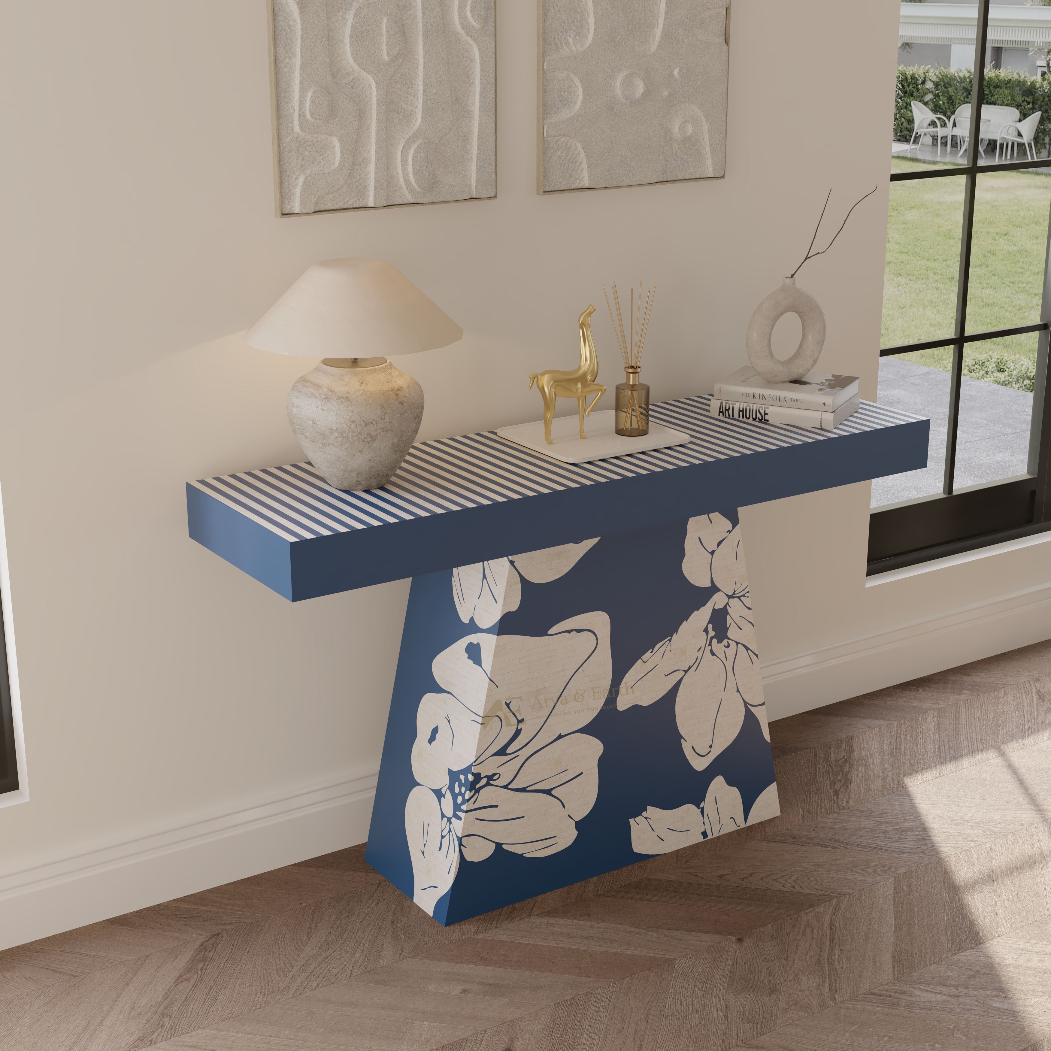 Bone inlay Blue Console Table with Floral design with large windows