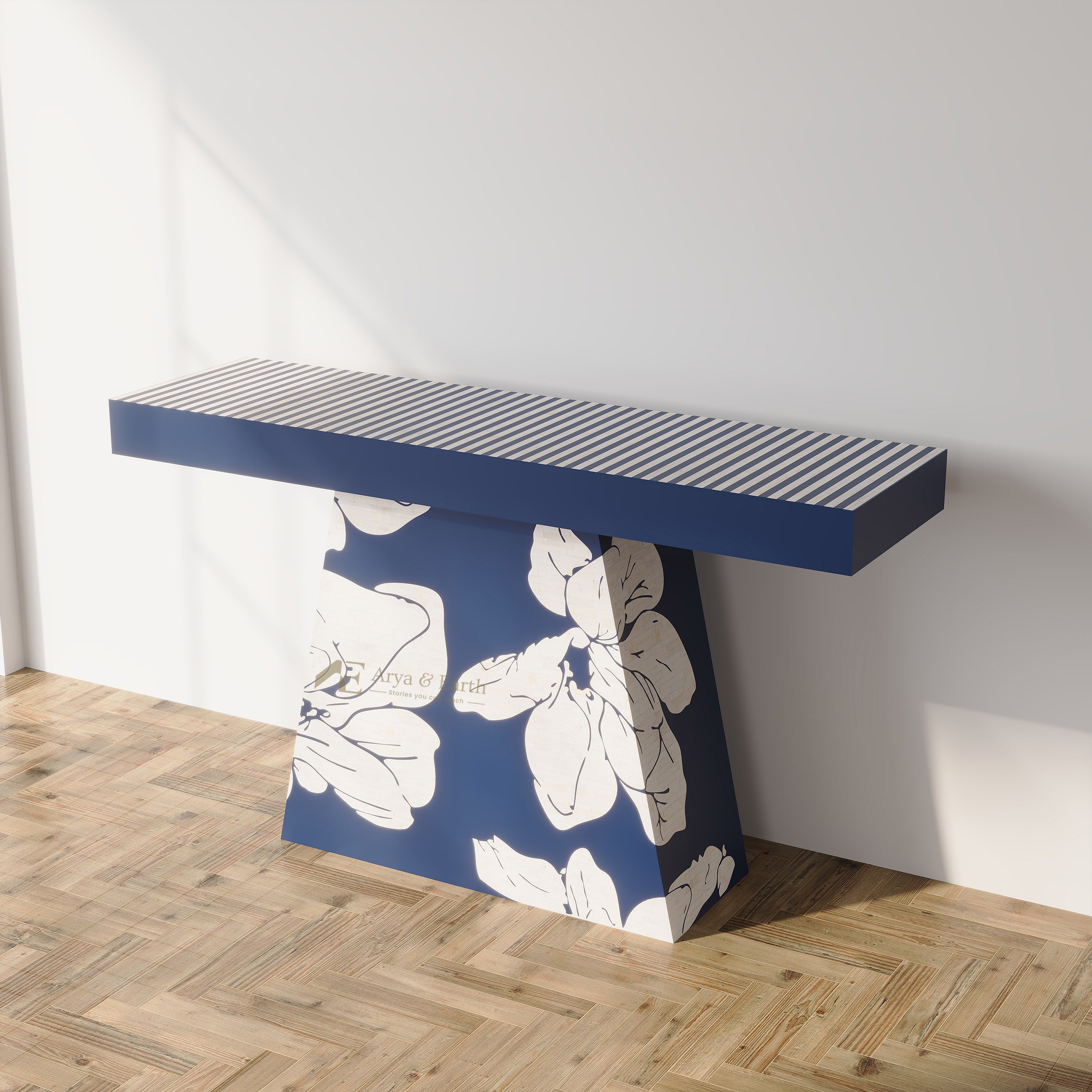 Bone inlay Blue Console Table with Floral design on wooden flooring