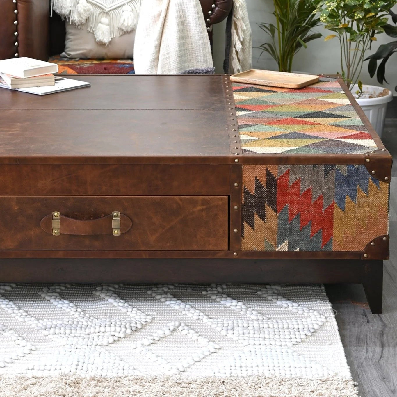 Wooden desk with a patterned top in a home office setting