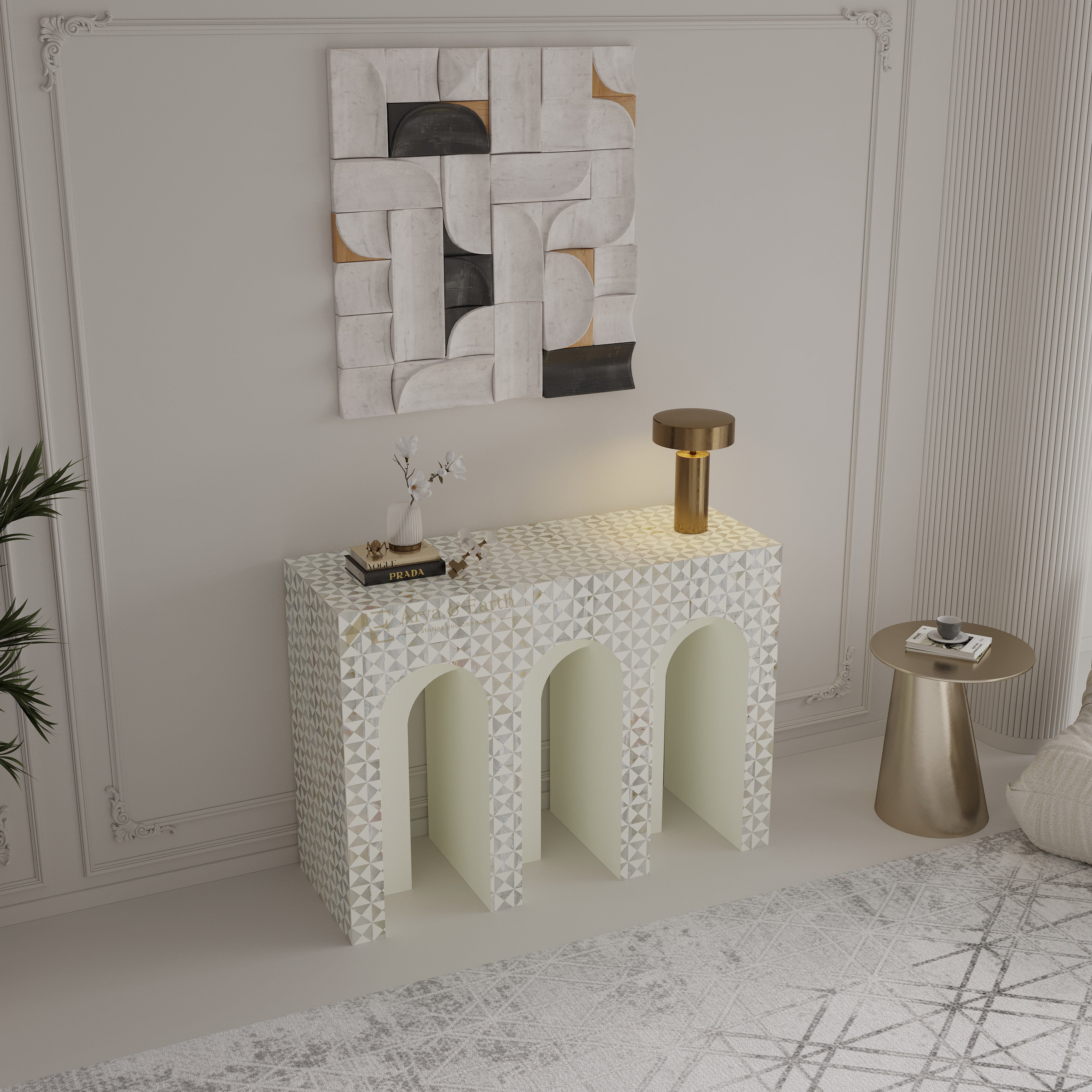 Mother of Pearl white console table in a living room, top view