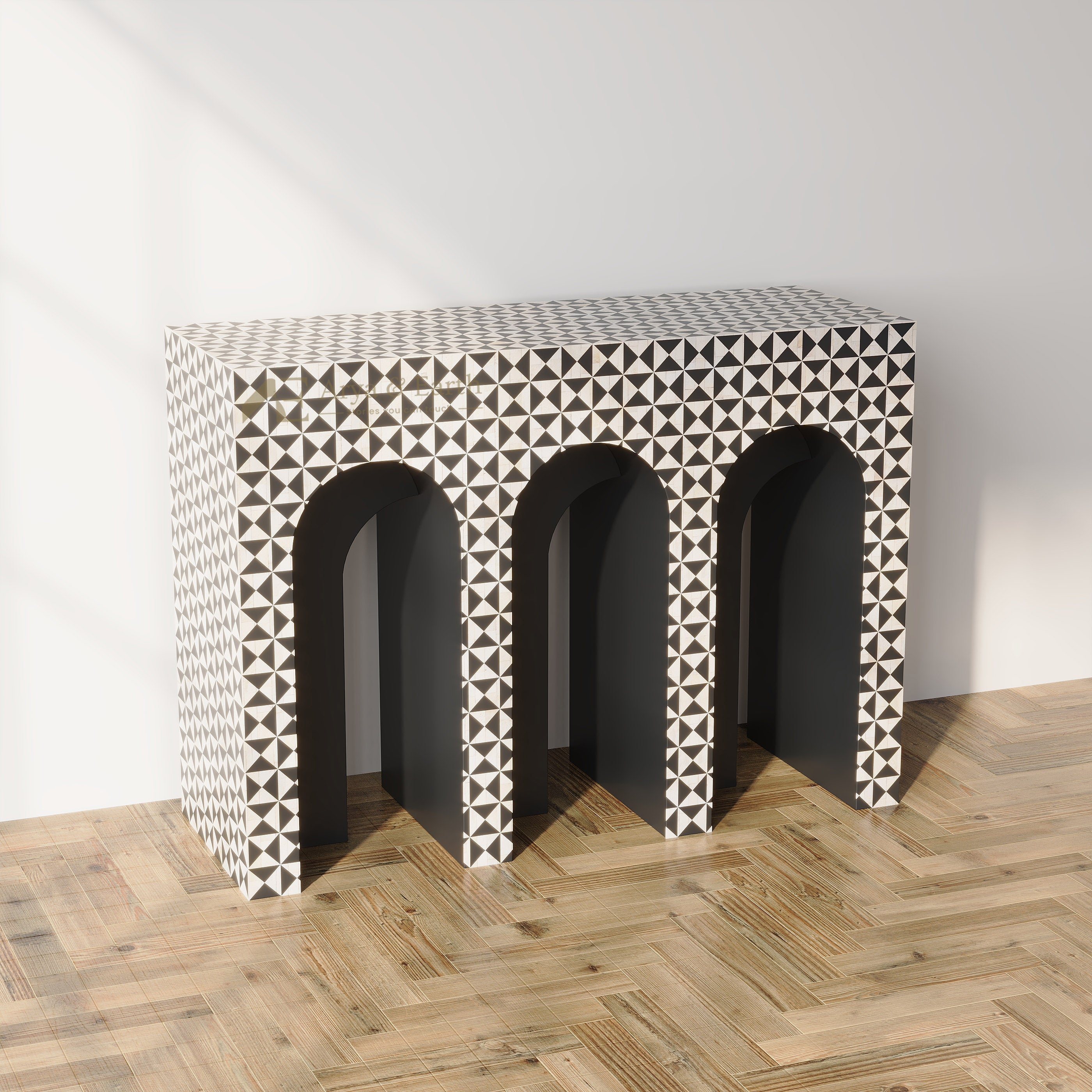 Black Bone Inlay Geometric 3 Arch Console