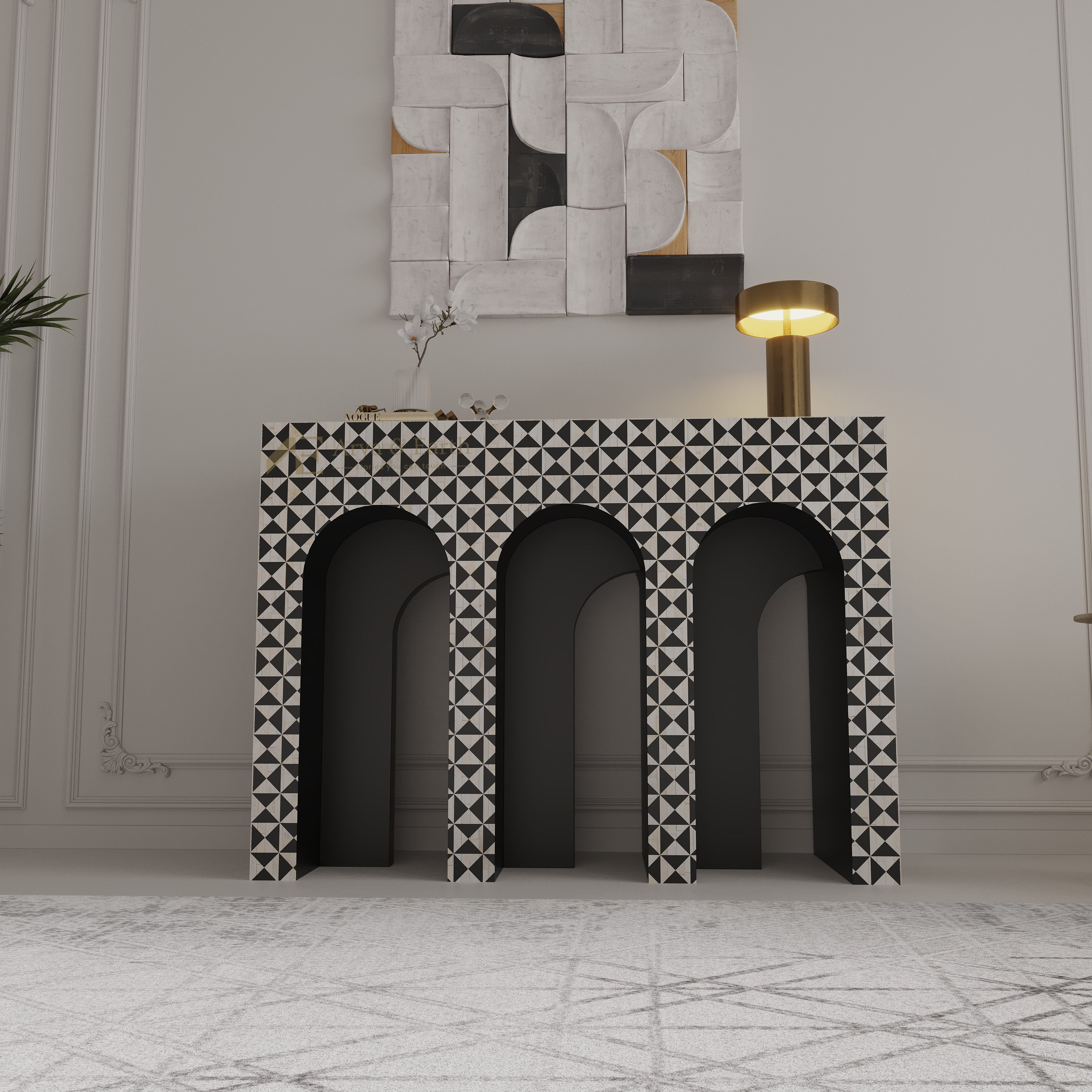 Bone Inlay Geometric Arch Console in a living room