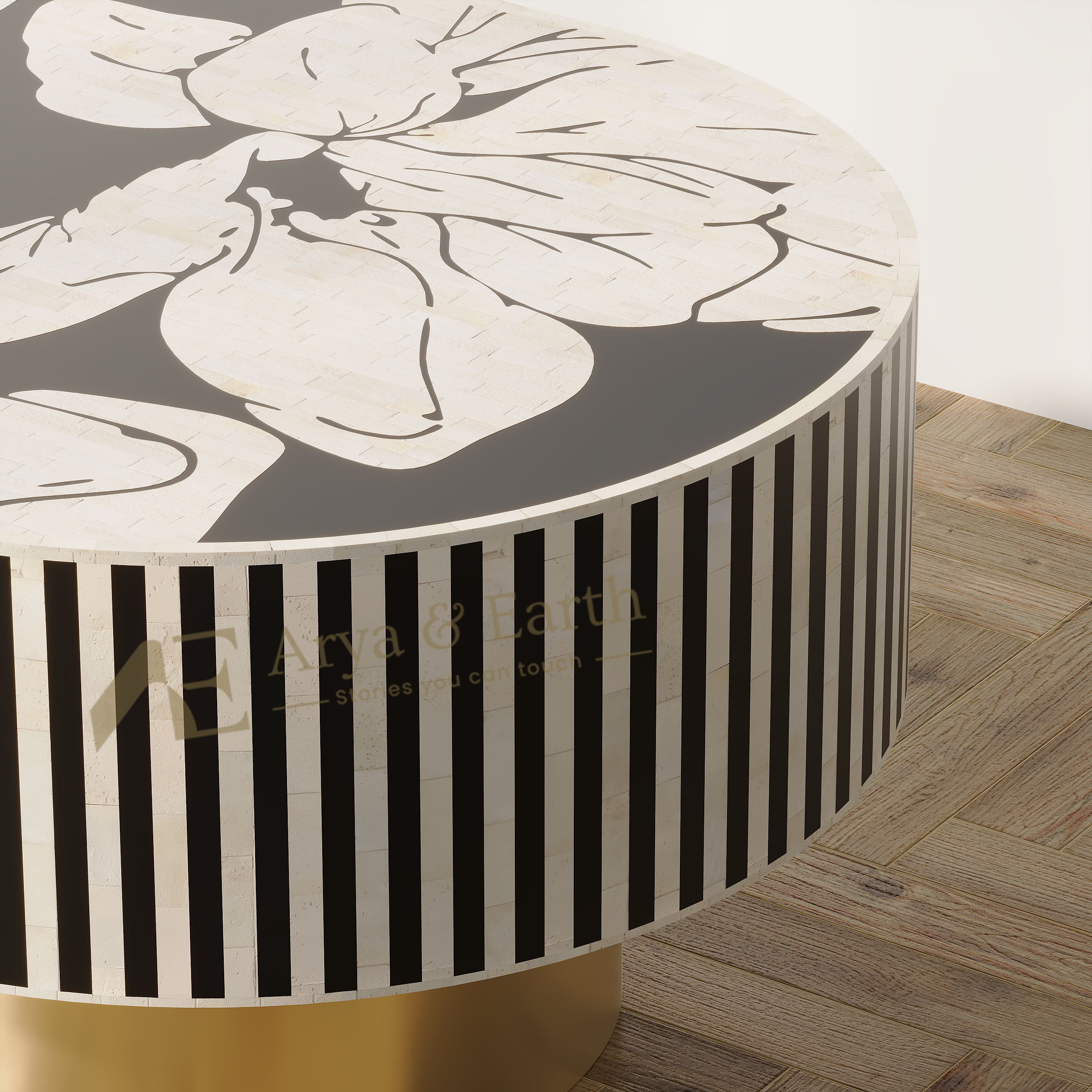 Bone inlay oval floral coffee close up