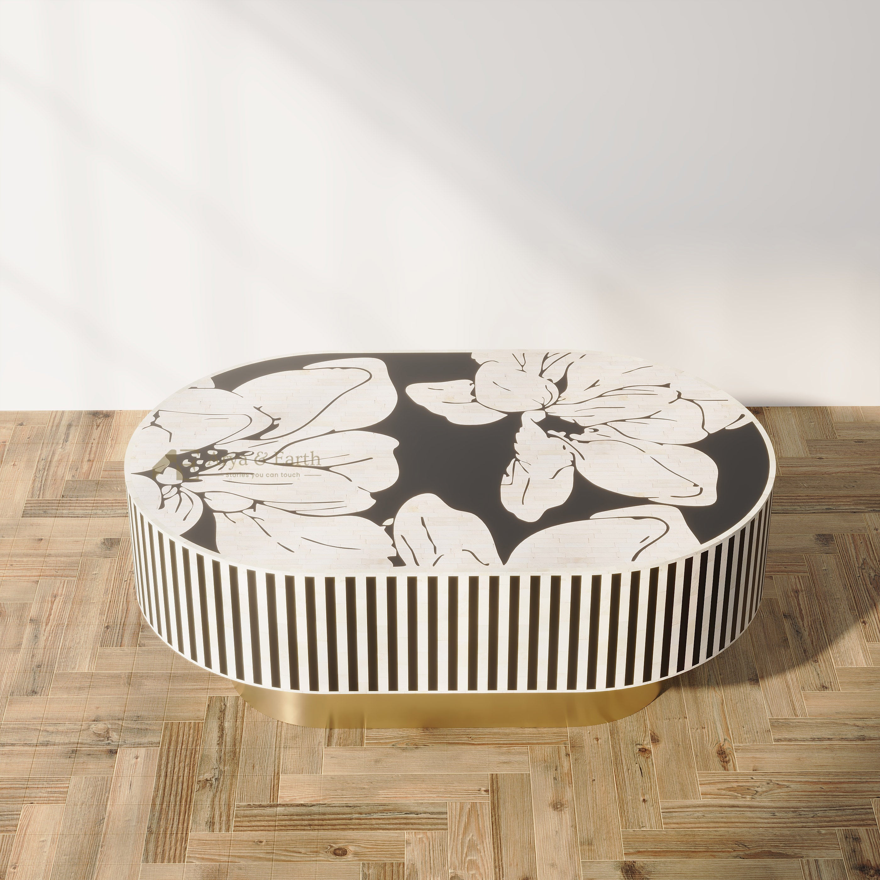 Bone inlay oval floral coffee table on wooden floor