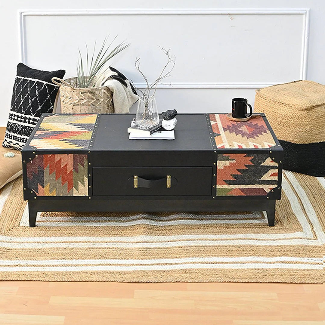 Decorative coffee table with geometric patterns in a living room setting