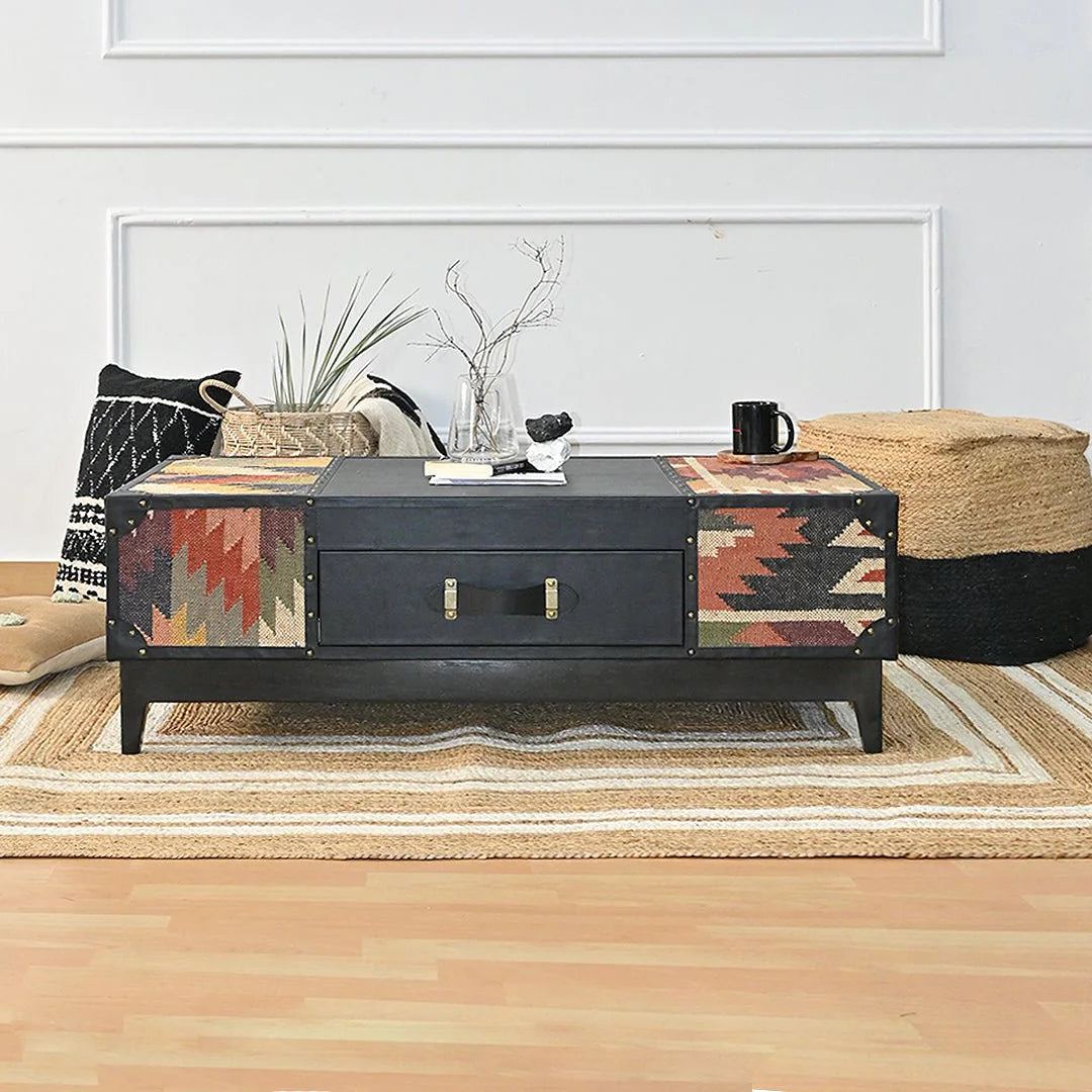 Decorative coffee table with geometric pattern in a living room setting