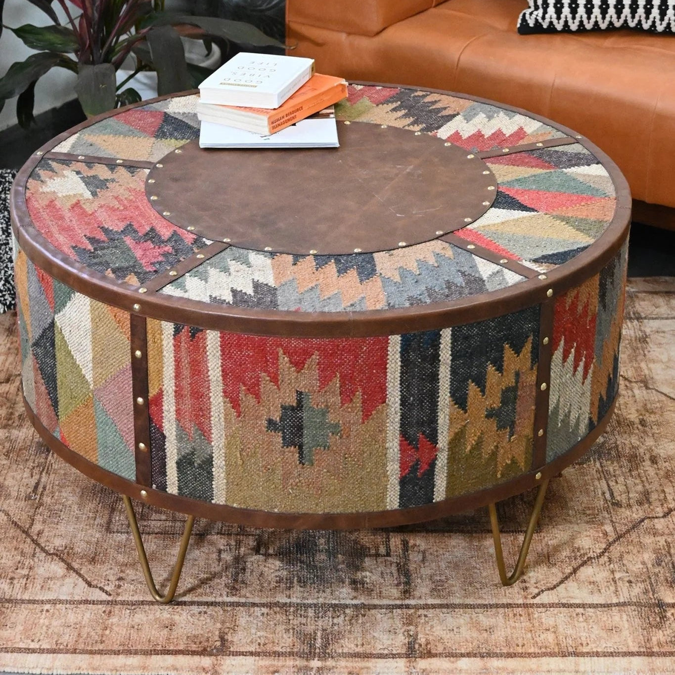 Kilim & Leather Round Coffee Table | Wrought Iron Stand | Handcrafted in India