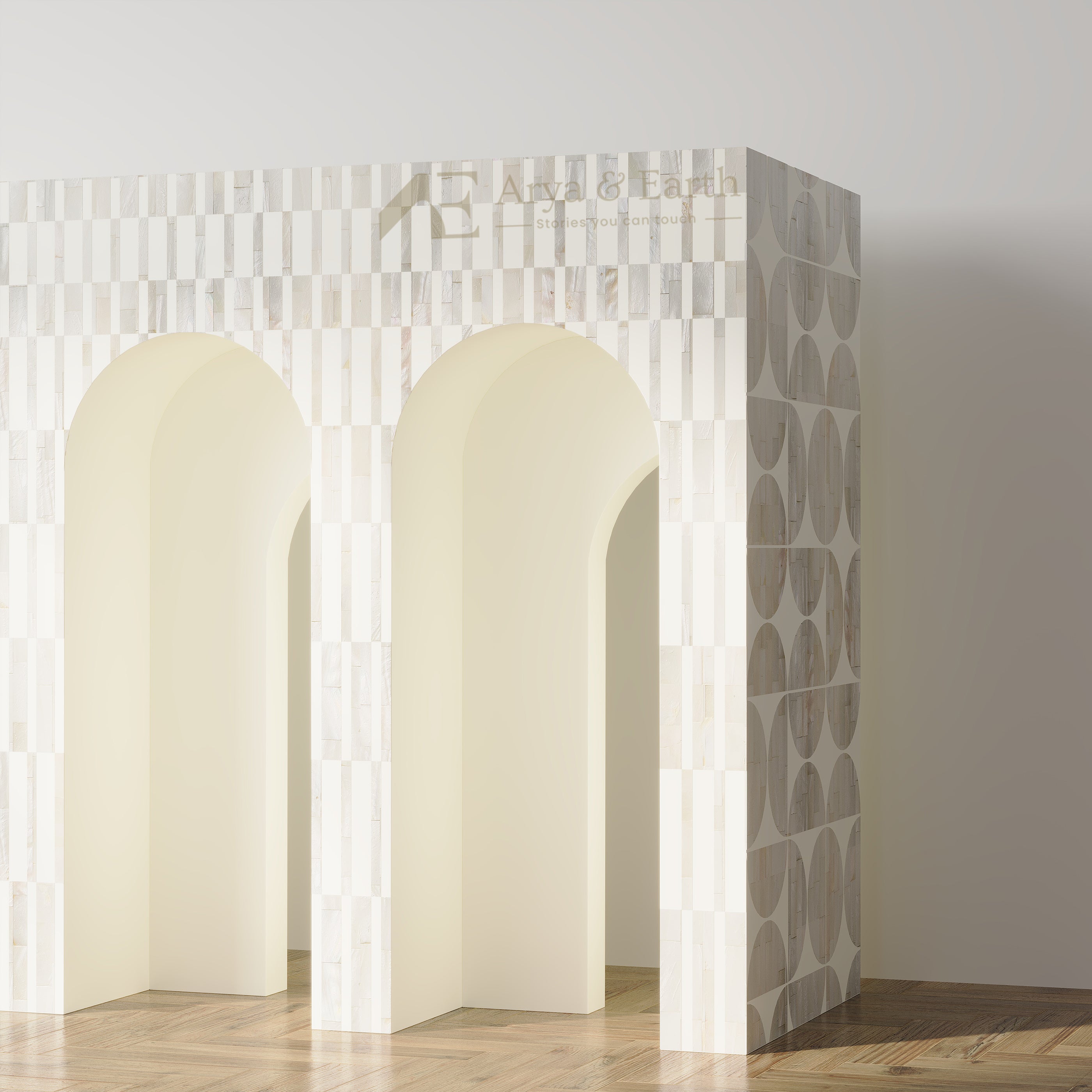 Close up of White mother of Pearl Inlay Console Table
