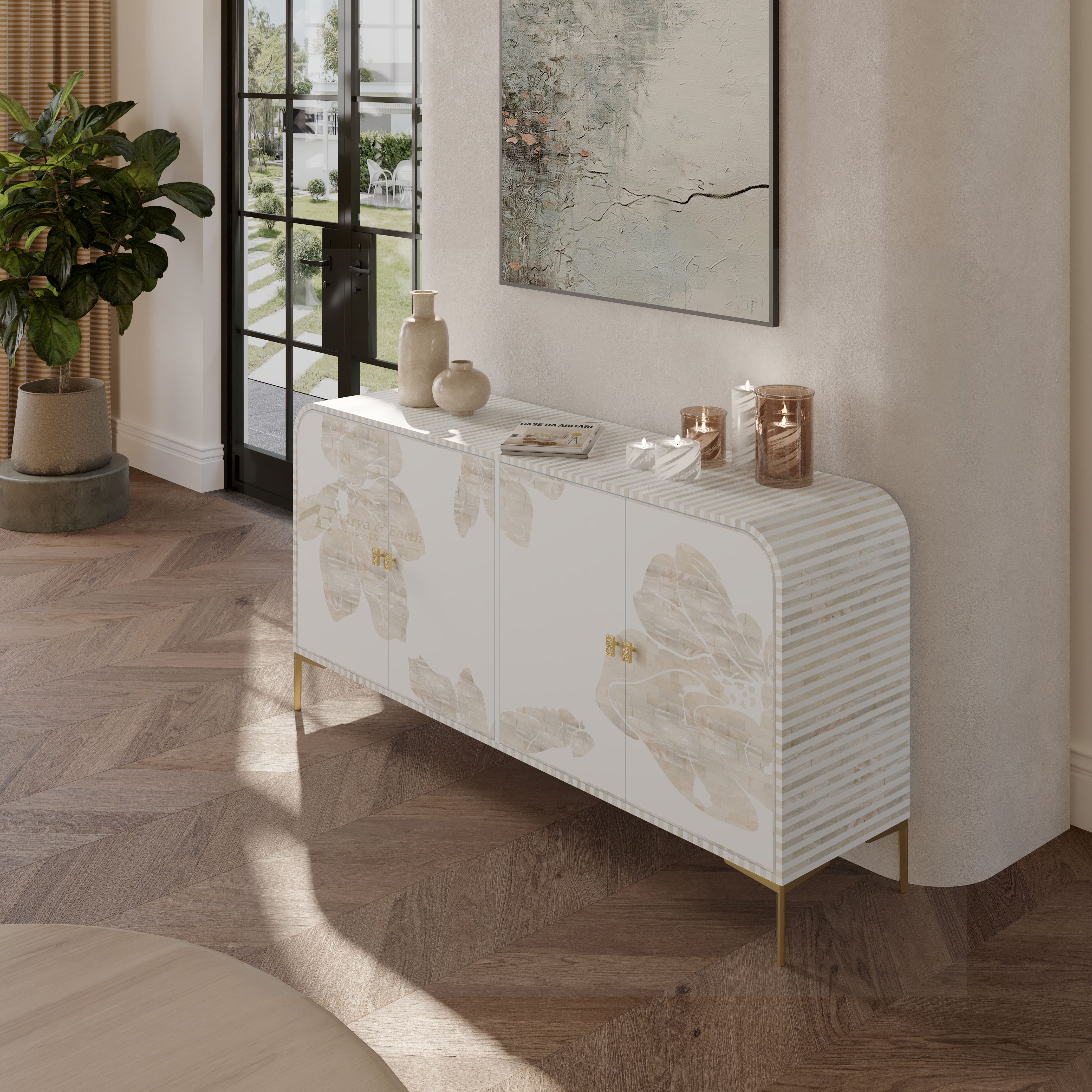 White Floral Cabinet in a room with large windows.