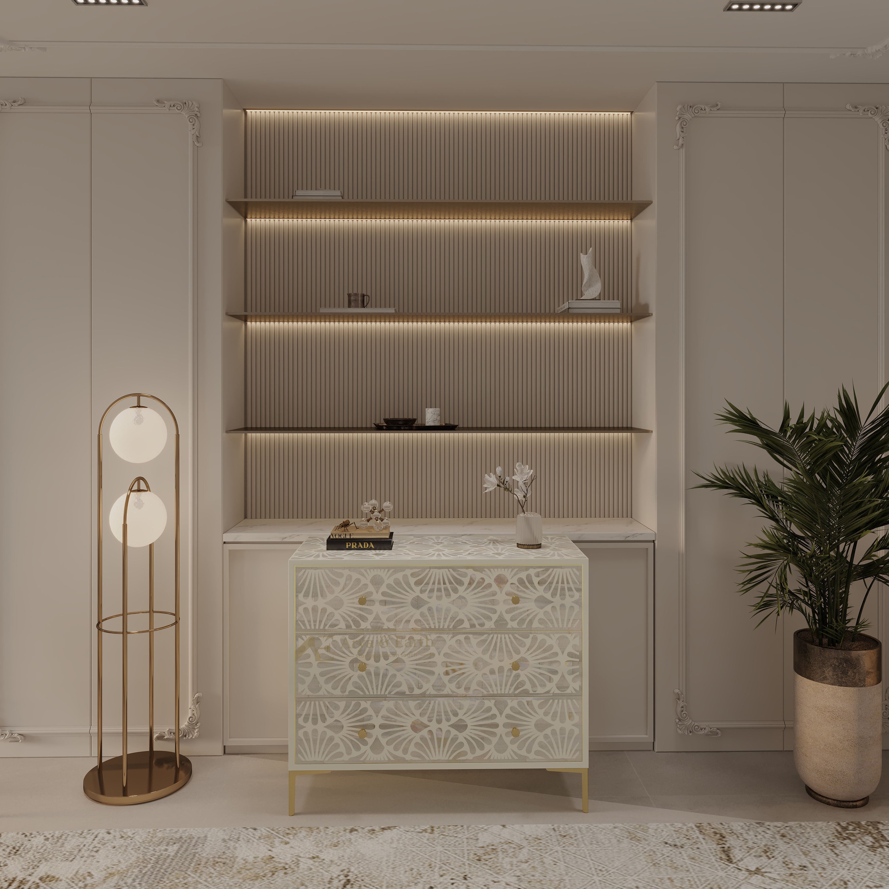 A modern interior scene featuring a decorative white and gold patterned chest of drawers in front of built-in shelving with warm LED lighting, flanked by a gold floor lamp on the left and a potted plant on the right.