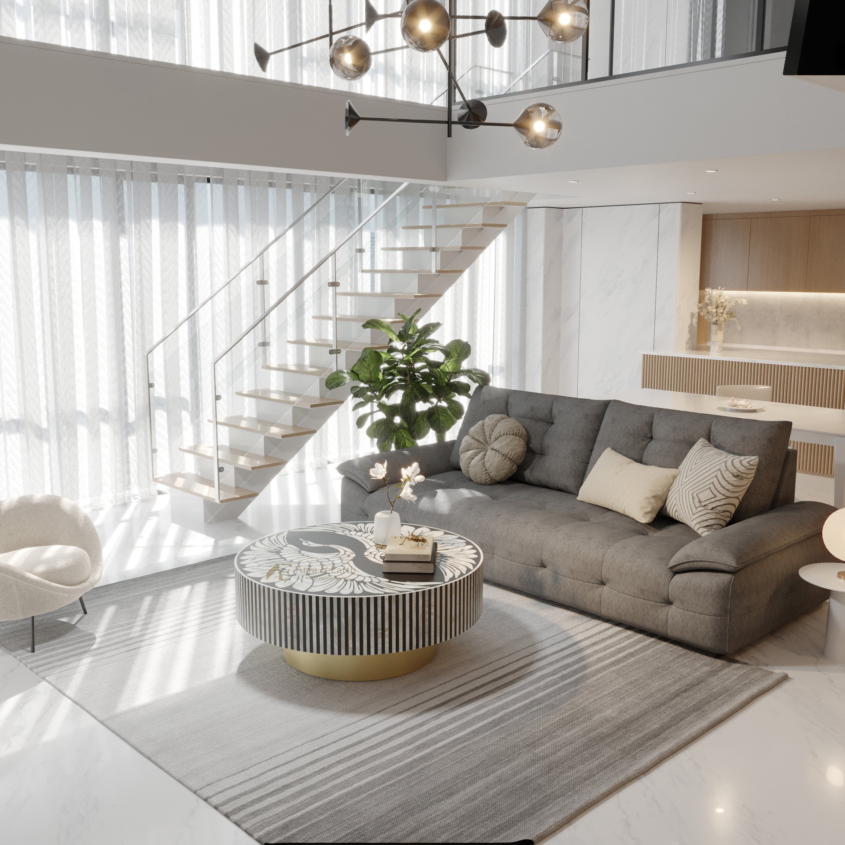 Bone Inlay Black Round Coffee table in a living room with grey sofa