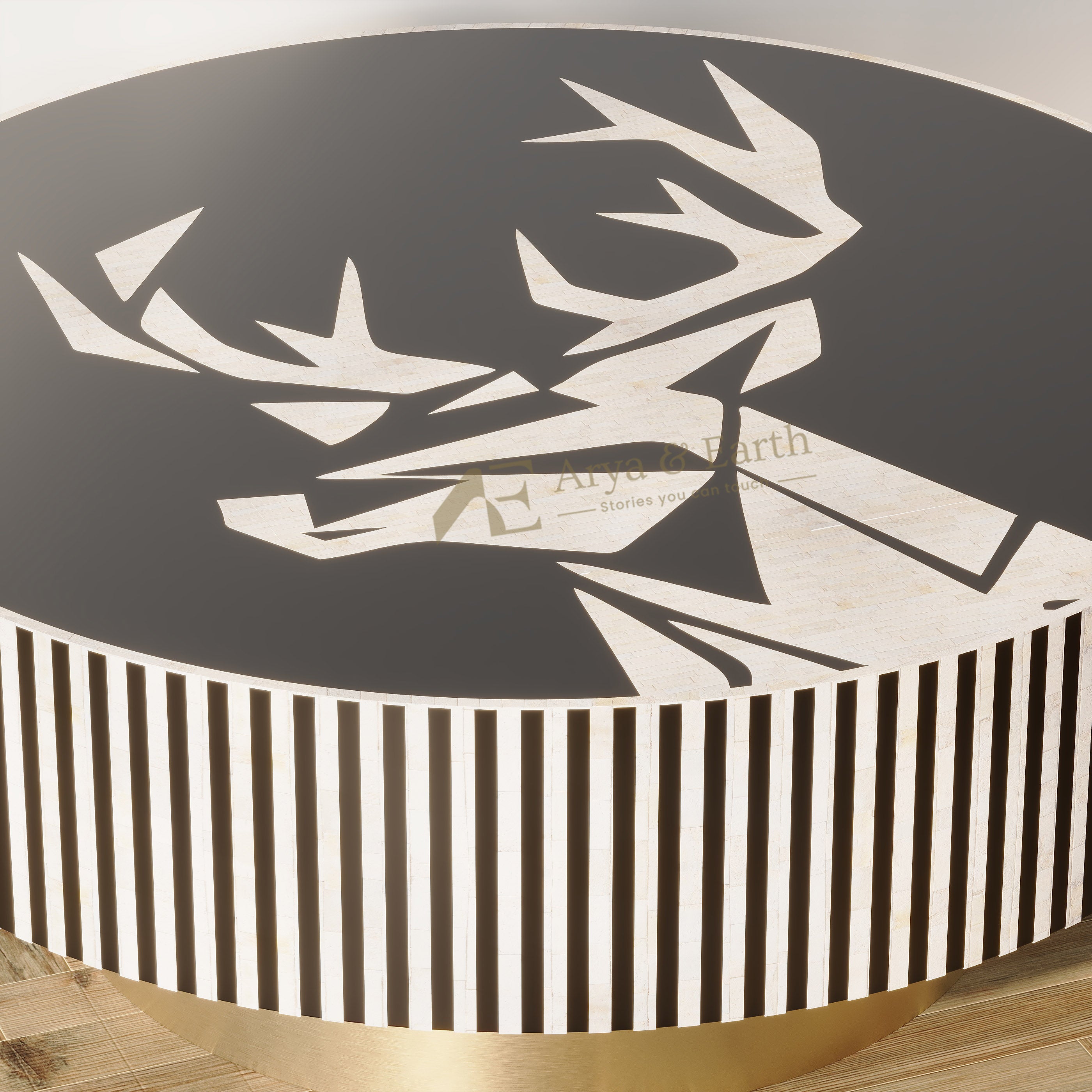 Close up of Bone Inlay Black round Coffee Table 