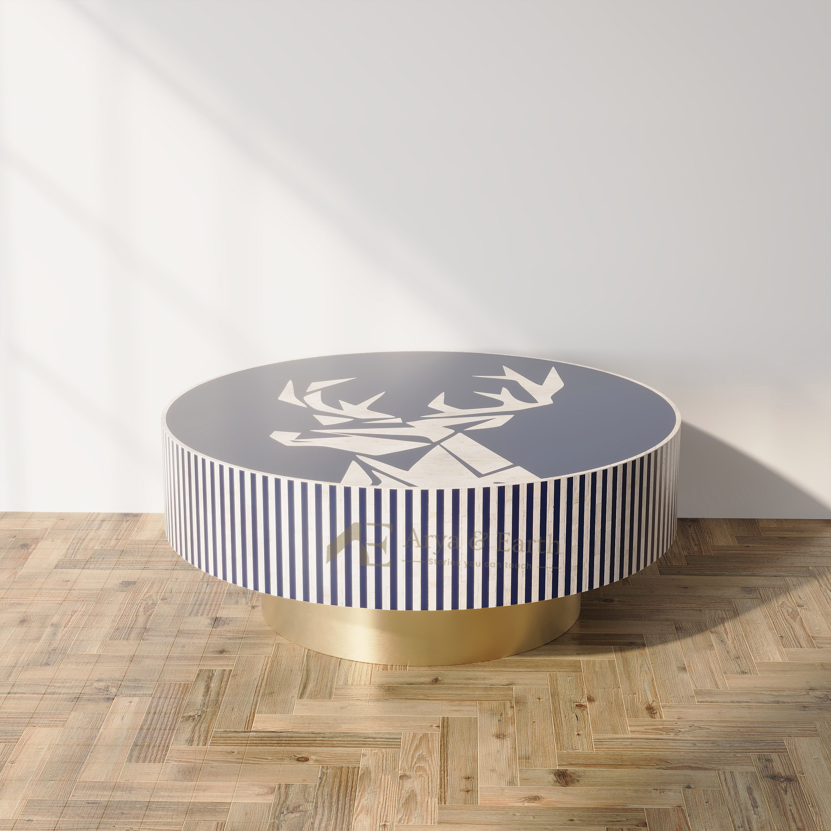 Bone Inlay Blue Coffee Table with stripes on side