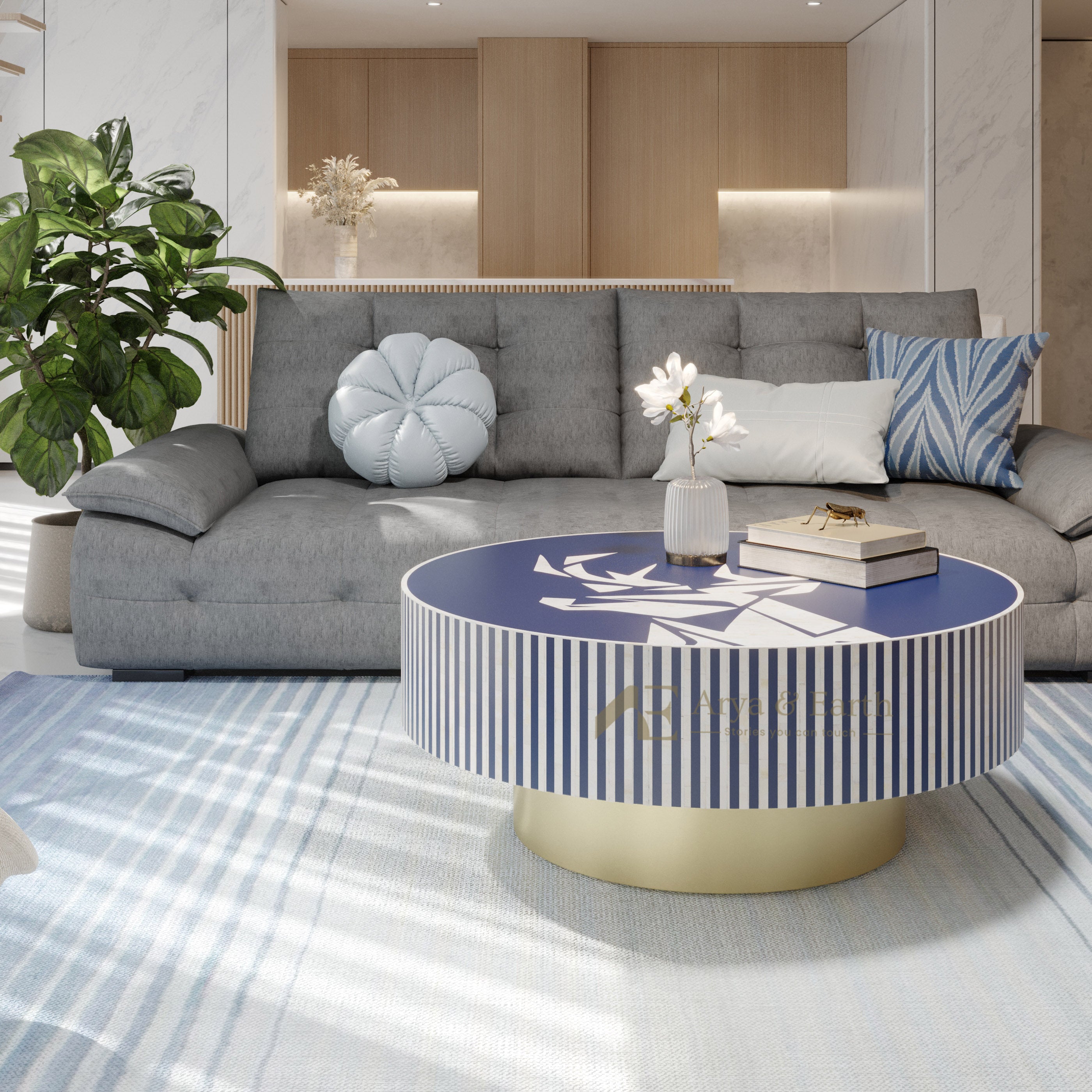 Bone Inlay Blue Coffee Table in a living room