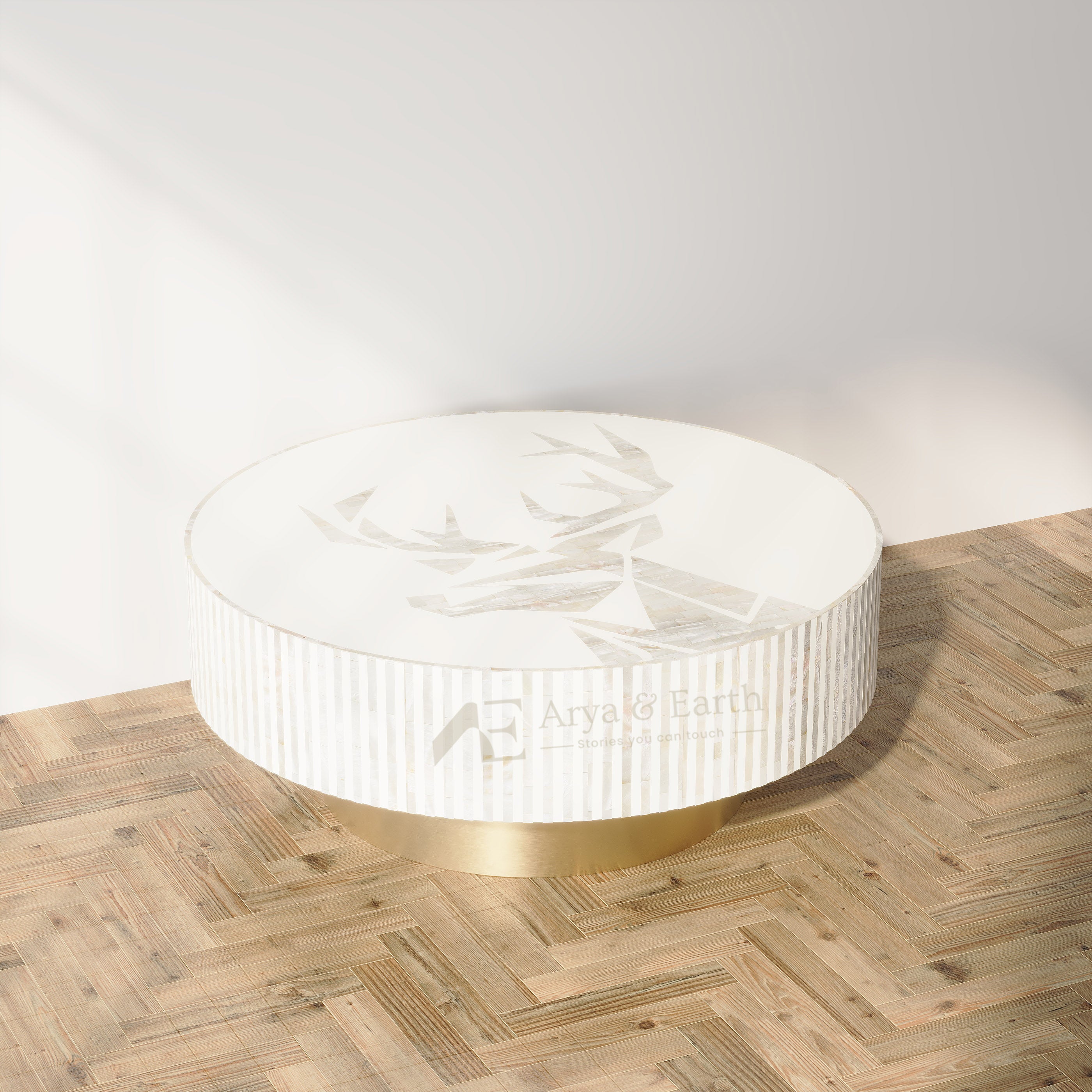 White Mother of Pearl Round coffee table on wooden floor
