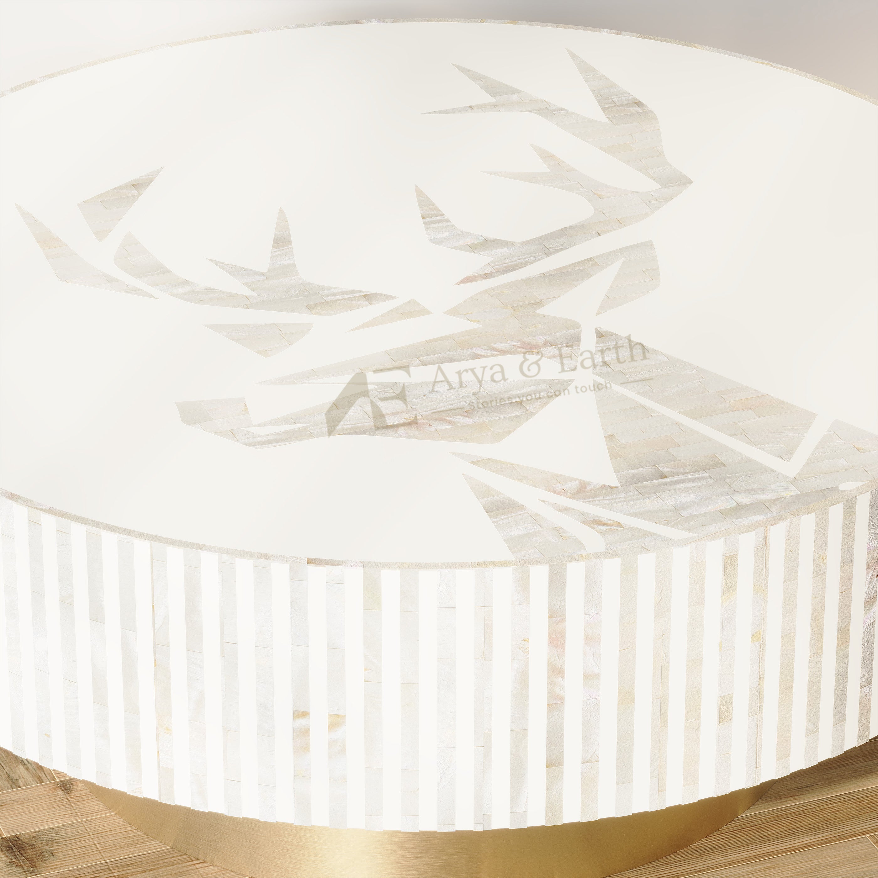 Close up of White Mother of Pearl Round coffee table 