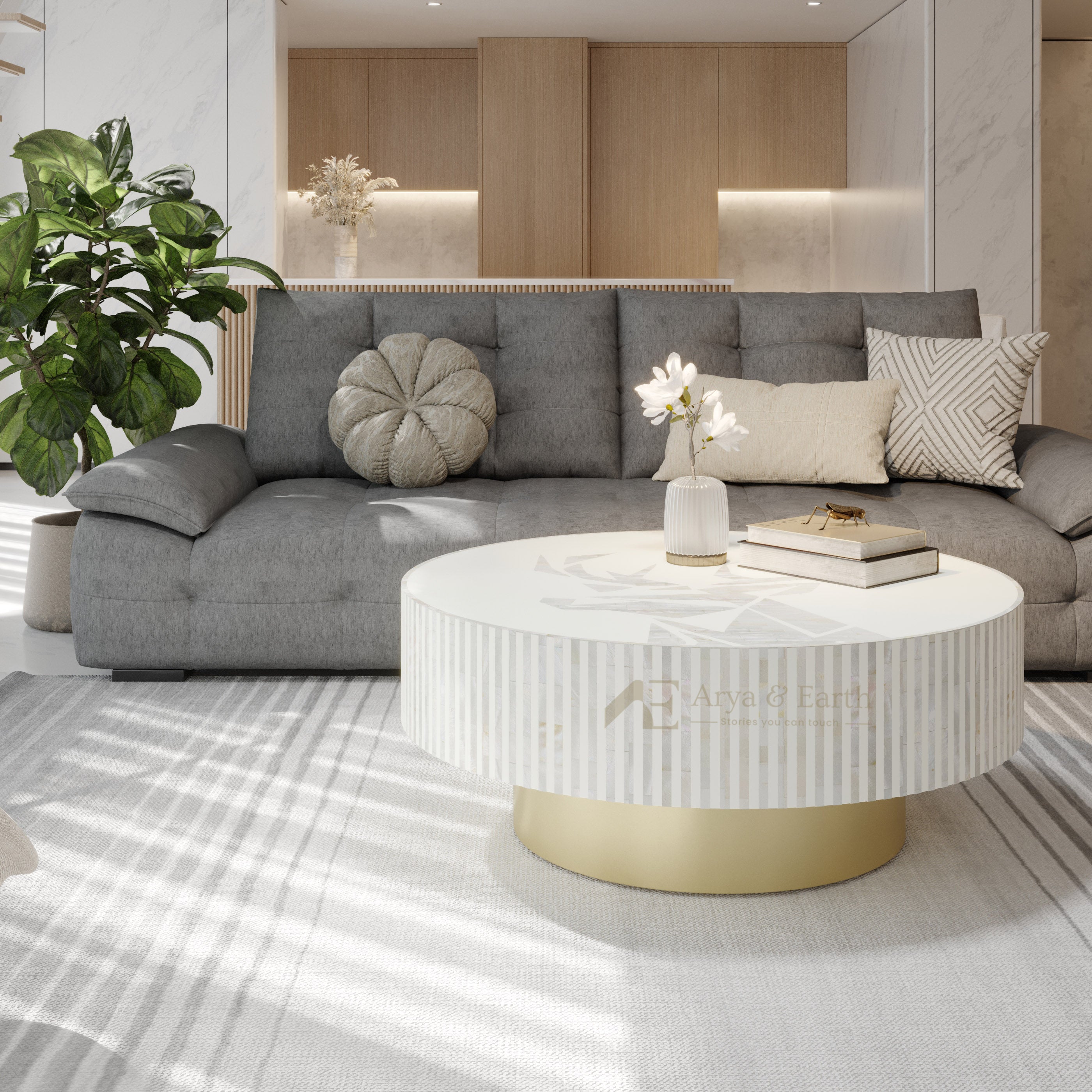 White Mother of Pearl Round coffee table in a living room.