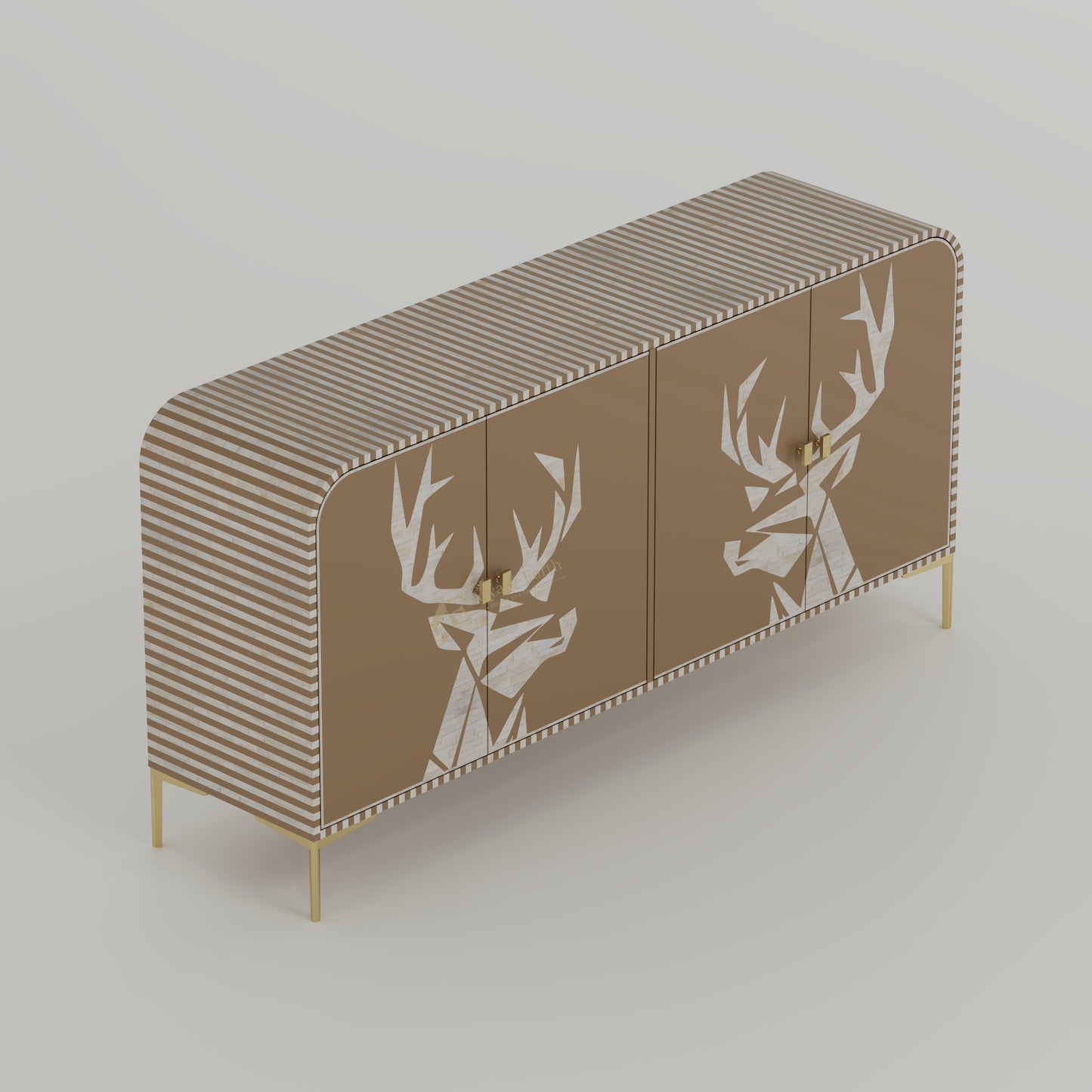 Bone inlay handmade Cabinet with deer head and stripe design, gold accents