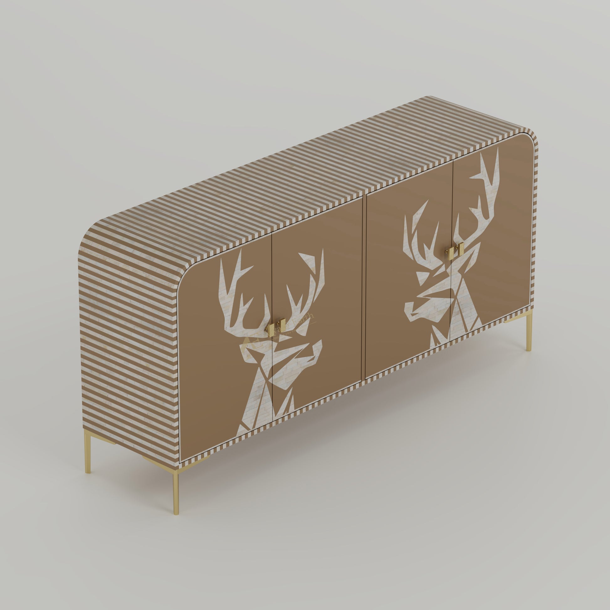 Bone inlay handmade Cabinet with deer head and stripe design, gold accents