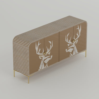 Bone inlay handmade Cabinet with deer head and stripe design, gold accents