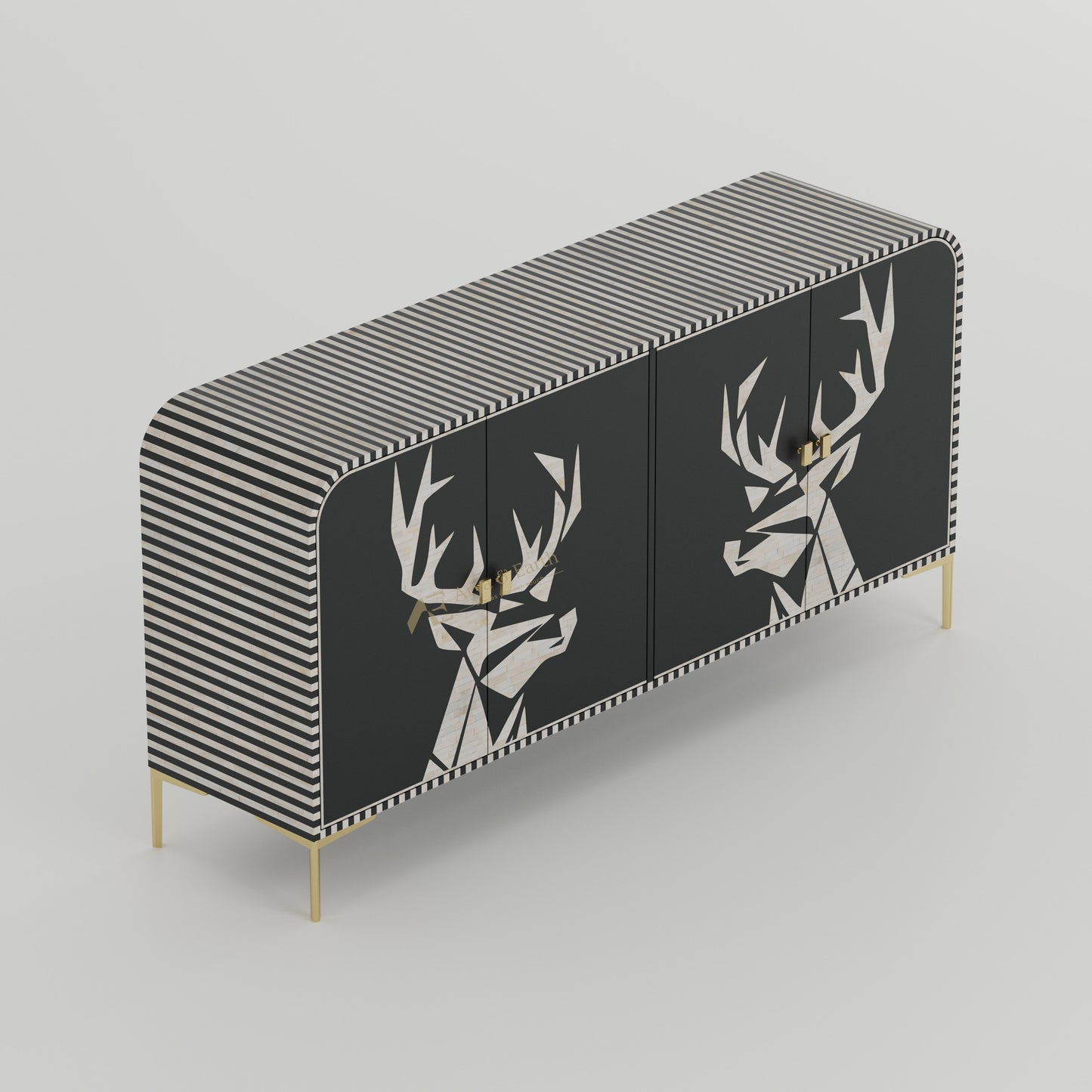 Bone inlay handmade black Cabinet with deer head and stripe design, gold accents