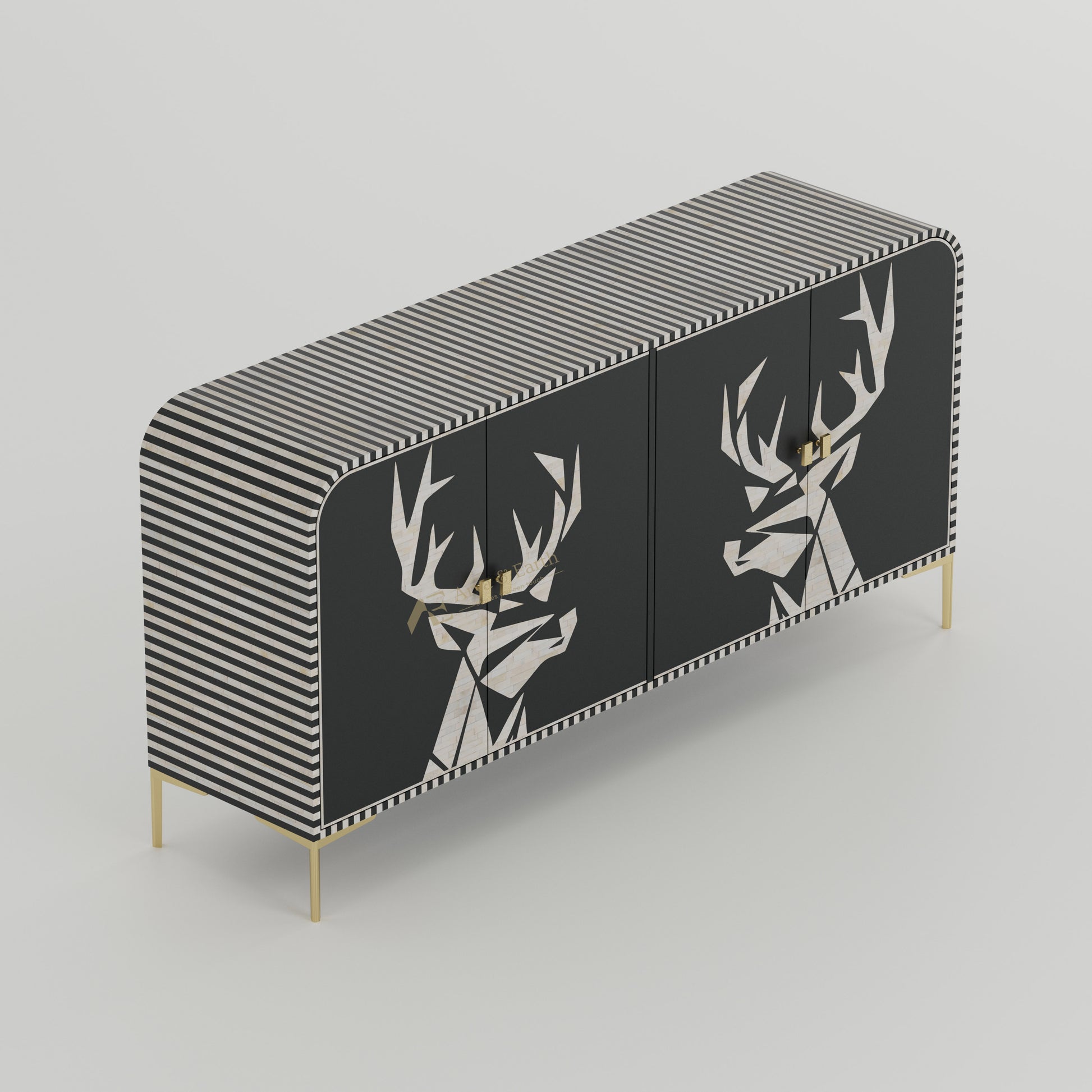 Bone inlay handmade black Cabinet with deer head and stripe design, gold accents