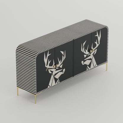 Bone inlay handmade black Cabinet with deer head and stripe design, gold accents