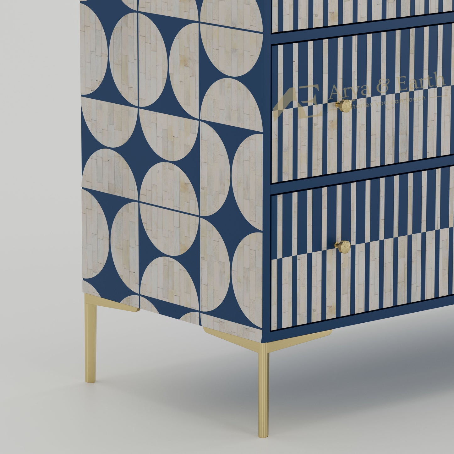 Blue and white geometric patterned dresser with gold accents 