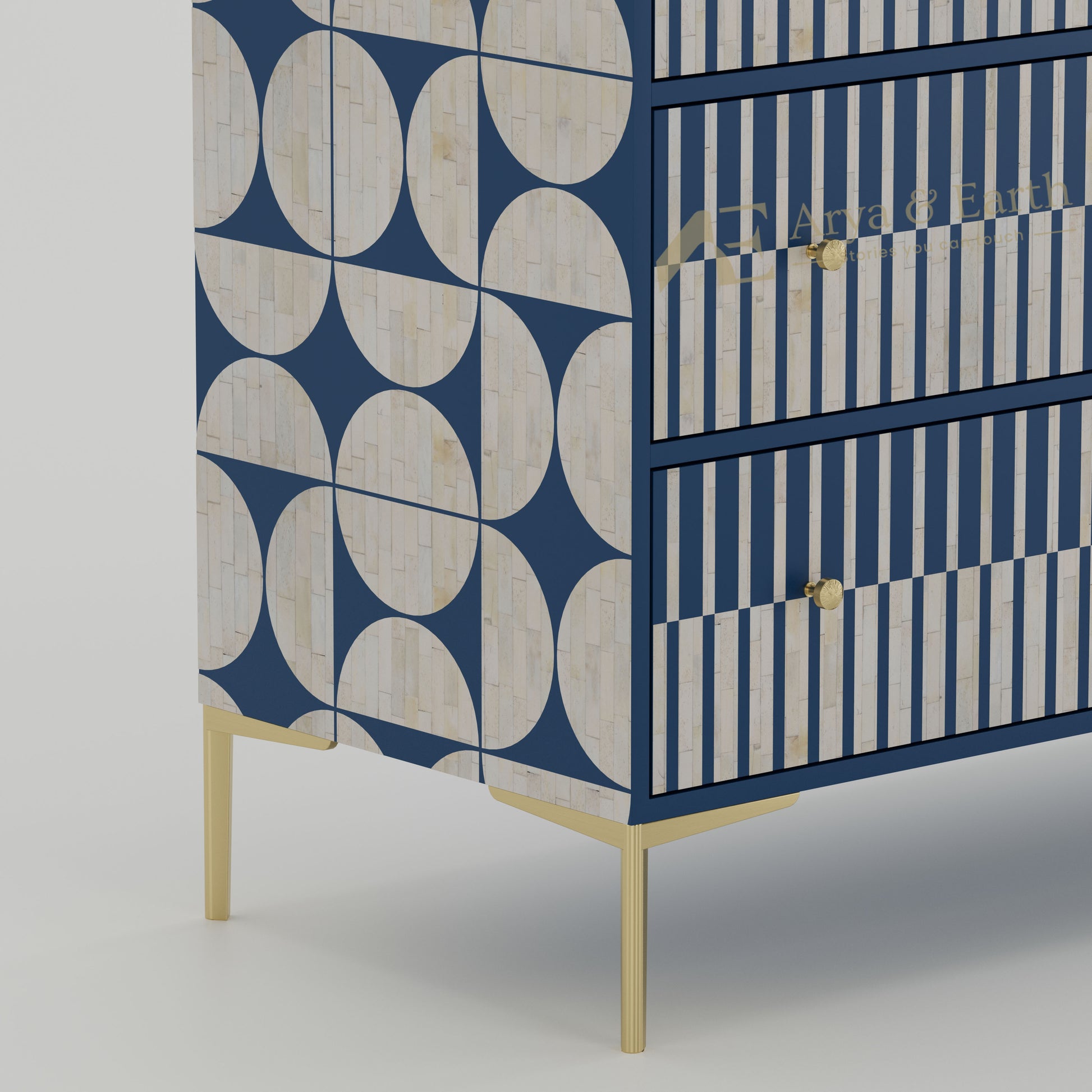 Blue and white geometric patterned dresser with gold accents 