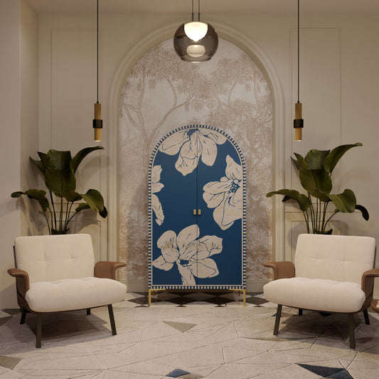 blue floral  bone inlay cabinet in a cozy lounge room