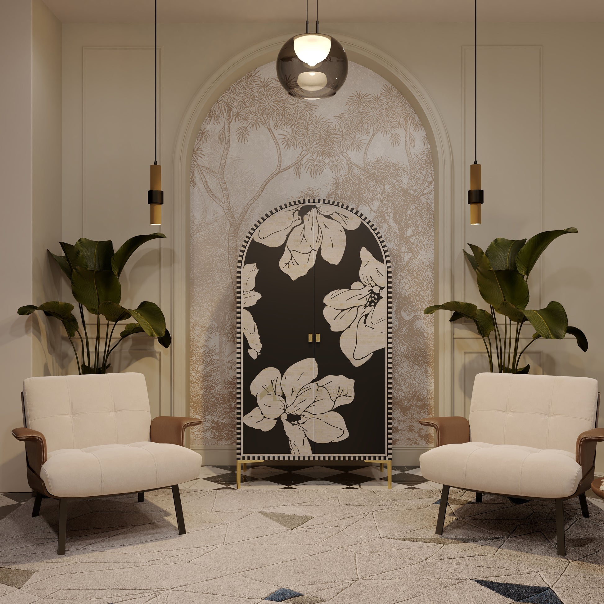 black floral  bone inlay cabinet in a cozy lounge room