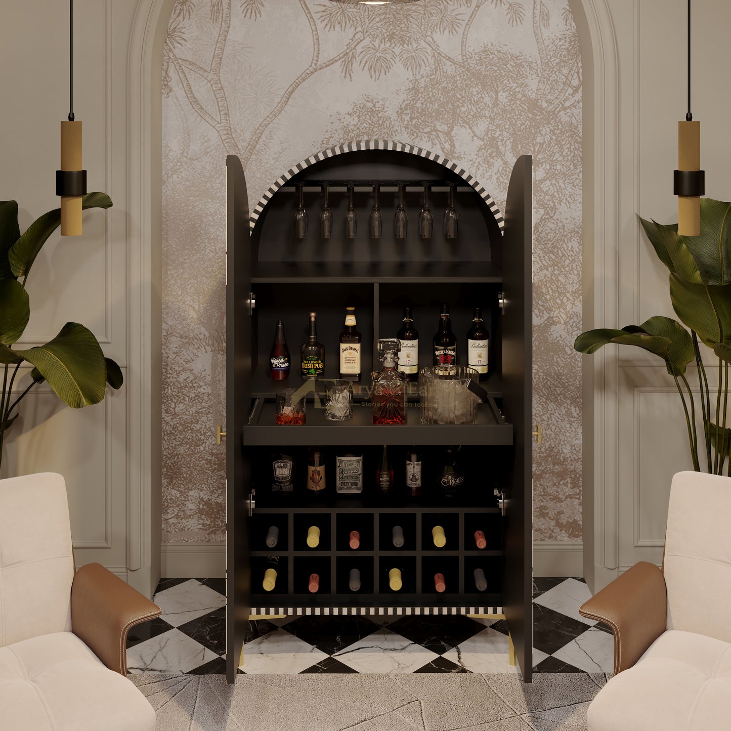 black bar cabinet interior with extendable shelf, wine glass rack and wine bottle storage 