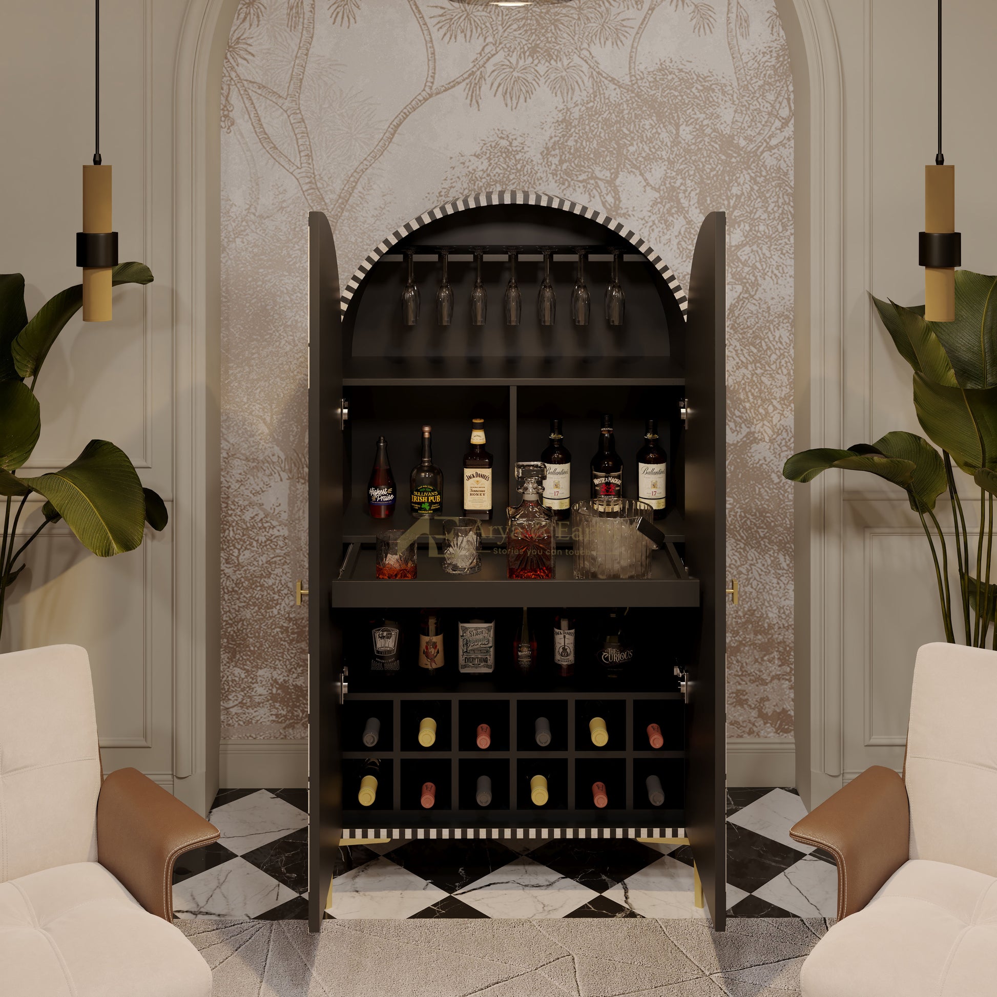black bar cabinet interior with extendable shelf, wine glass rack and wine bottle storage 