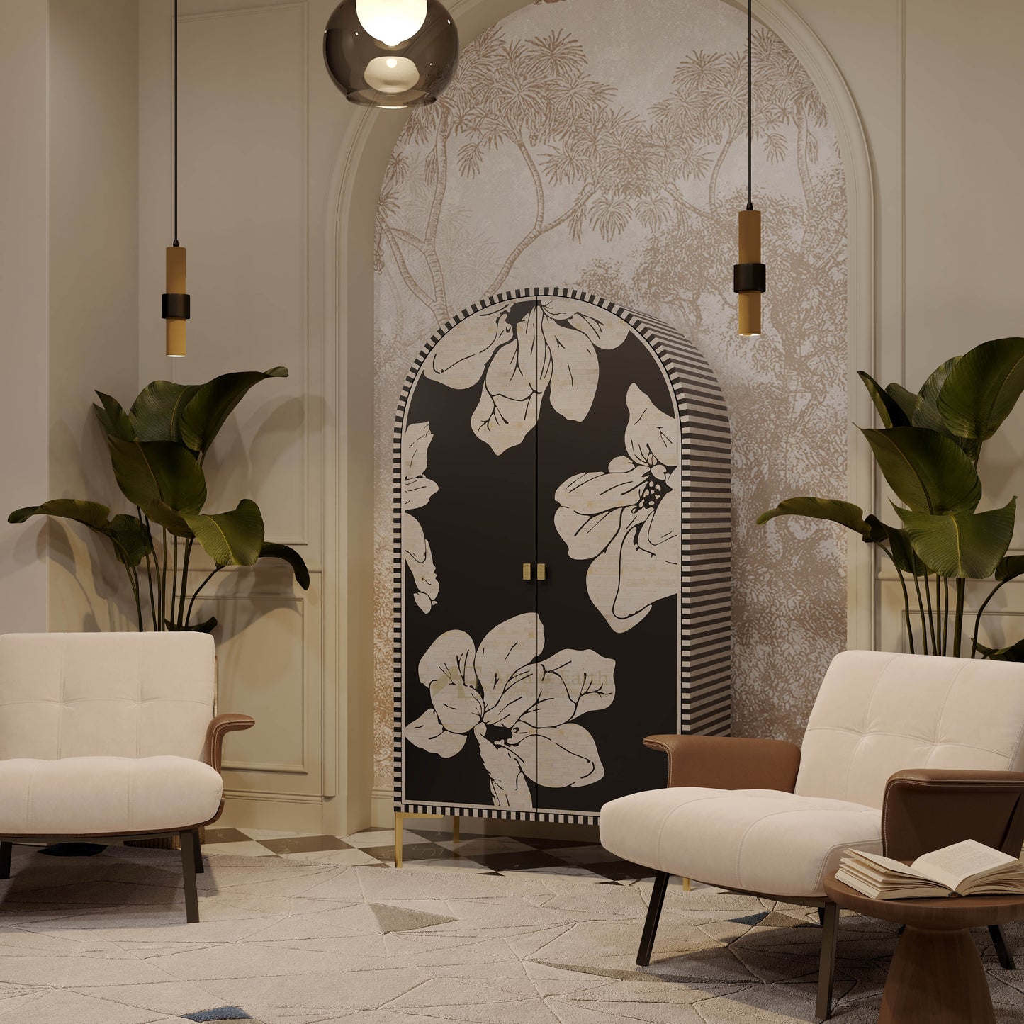 black floral  bone inlay cabinet  with gold accents in a cozy living room