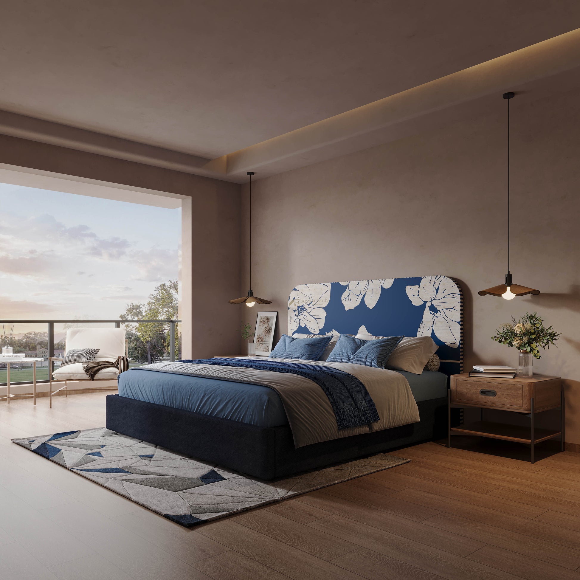 Modern  luxury bedroom with a floral headboard and blue bedding