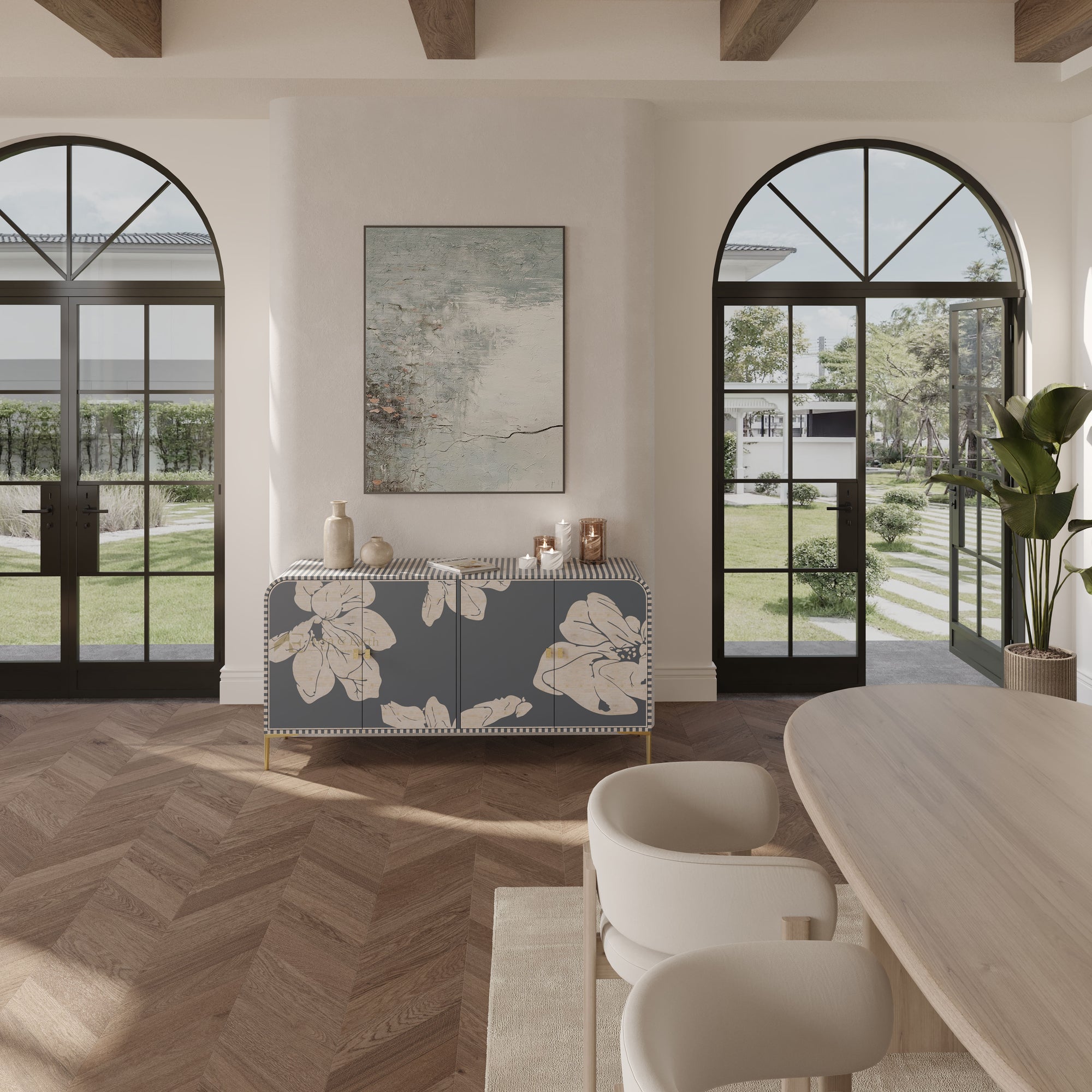 Luxury interior with a floral mother of pearl inlay console table, large windows
