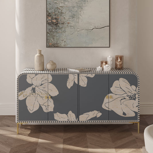 mother of pearl inlay grey cabinet with floral pattern in a room setting