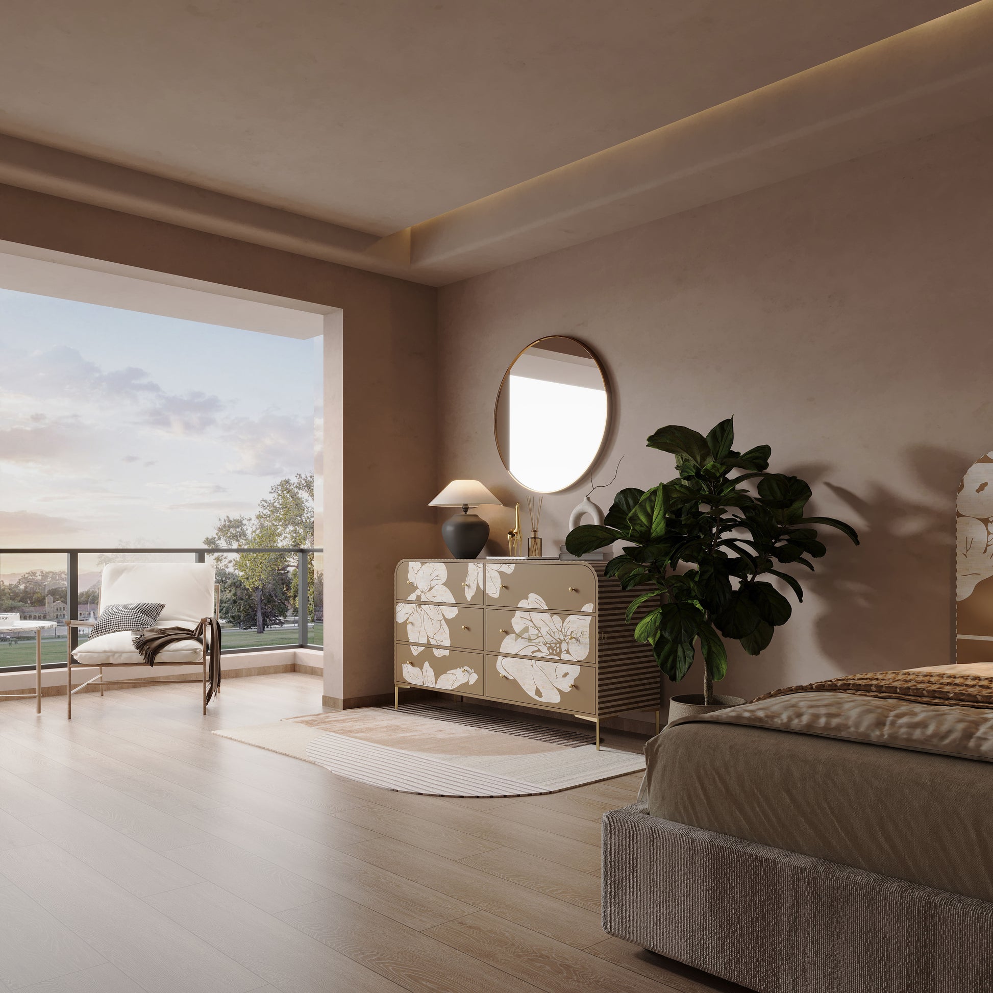 Modern bedroom with a dresser, mirror, and view of a balcony.